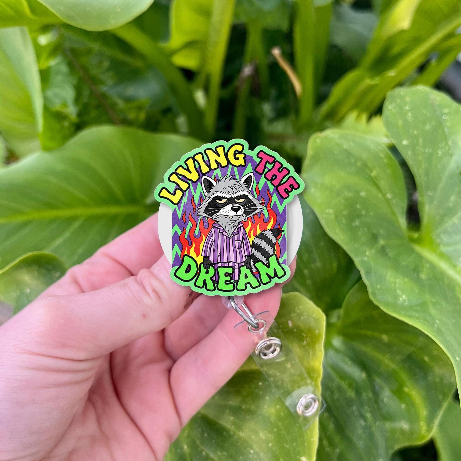 Funny Raccoon Badge Reel | Living the Dream ID Holder | Sarcastic Work Humor Clip | Cute Chaos Lanyard Reel | Dark Humor Badge Tag