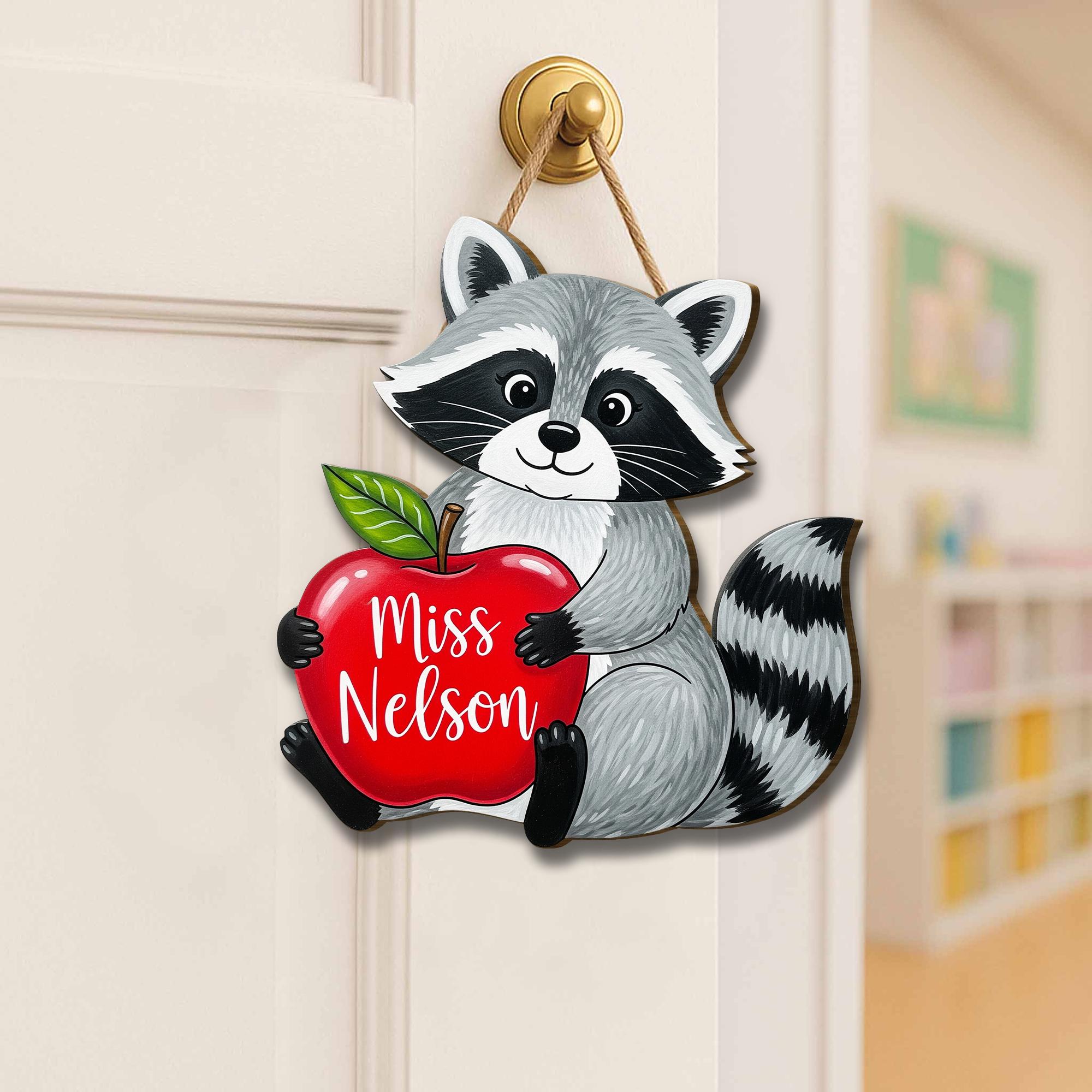 Personalized Raccoon Teacher Door Sign with Apple – Custom Classroom Hanging Decor Back to School Gift for Teachers, Educators, Wall Art