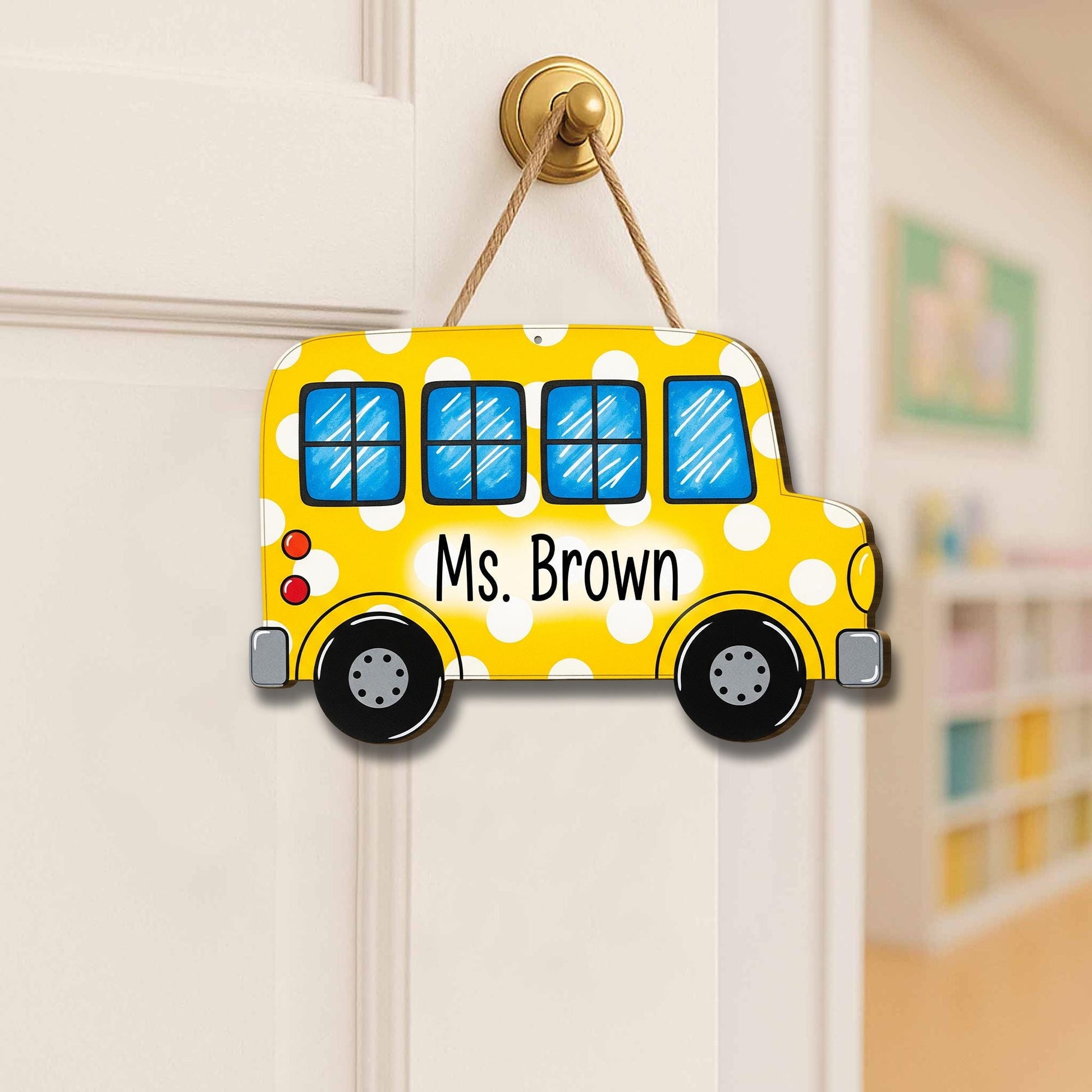Personalized School Bus Teacher Door Sign – Custom Yellow Polka Dot Classroom Decor Name Plaque Back to School Gift for Teachers, Educators