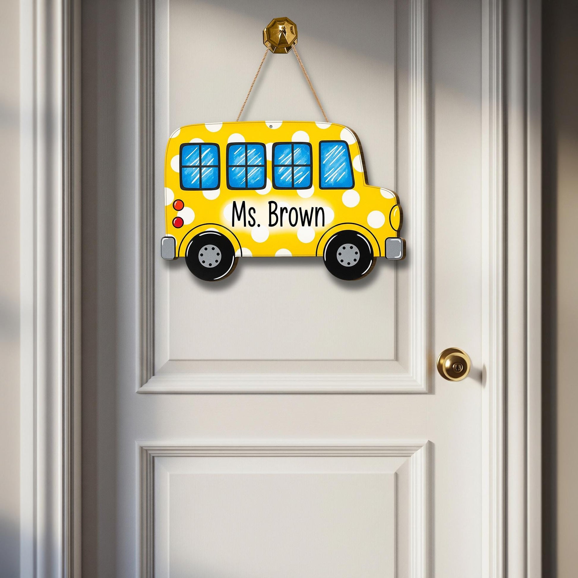 Personalized School Bus Teacher Door Sign – Custom Yellow Polka Dot Classroom Decor Name Plaque Back to School Gift for Teachers, Educators
