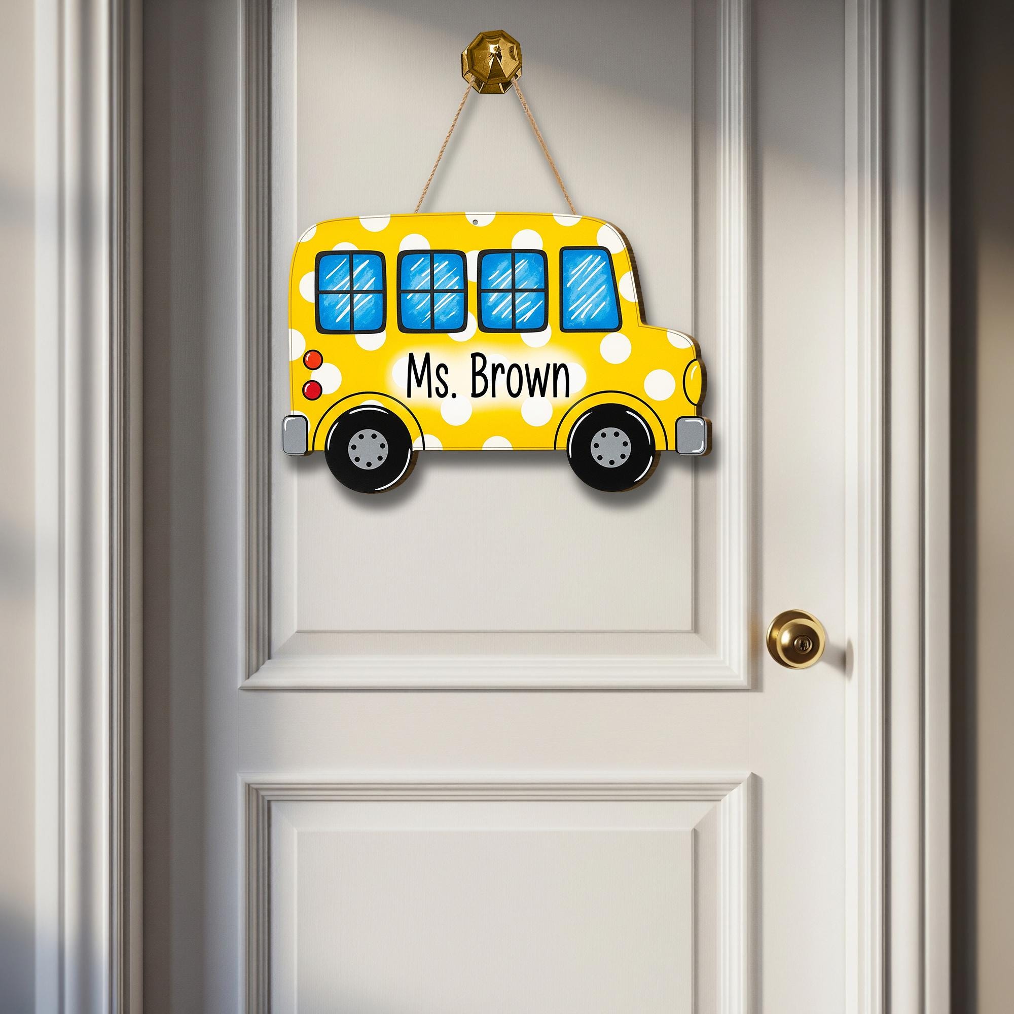 Personalized School Bus Teacher Door Sign – Custom Yellow Polka Dot Classroom Decor Name Plaque Back to School Gift for Teachers, Educators