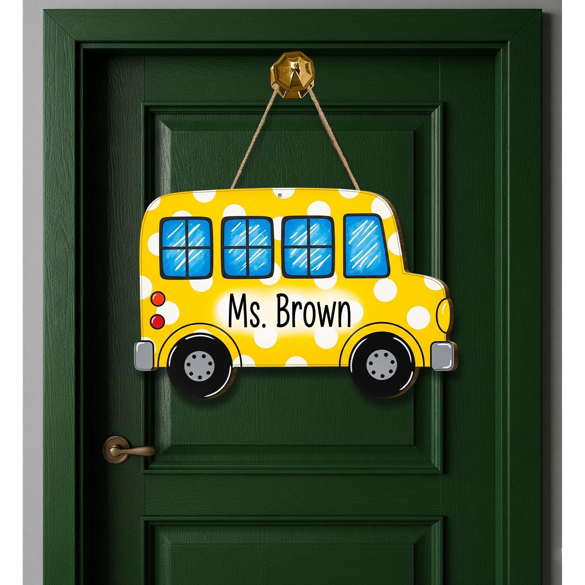 Personalized School Bus Teacher Door Sign – Custom Yellow Polka Dot Classroom Decor Name Plaque Back to School Gift for Teachers, Educators