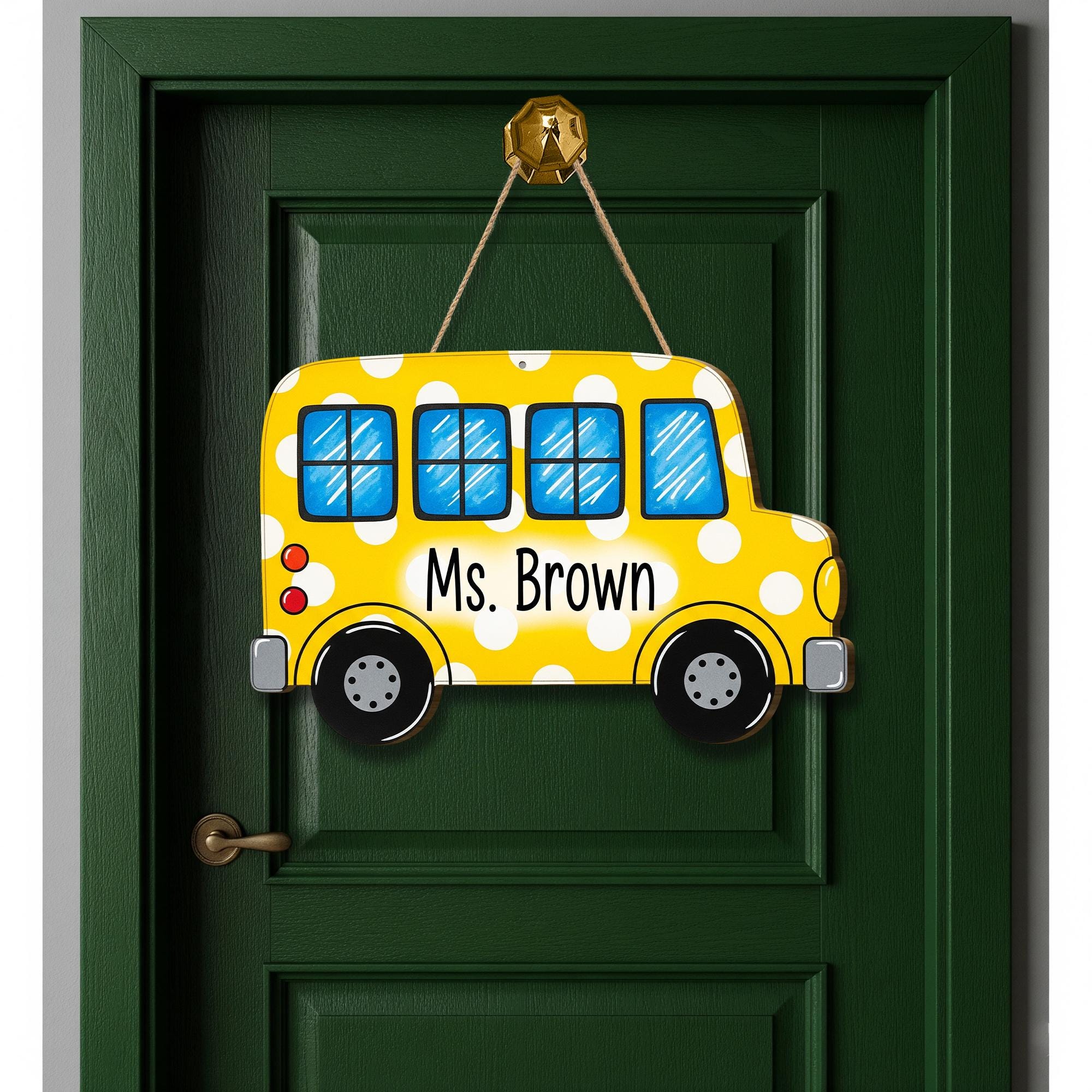 Personalized School Bus Teacher Door Sign – Custom Yellow Polka Dot Classroom Decor Name Plaque Back to School Gift for Teachers, Educators