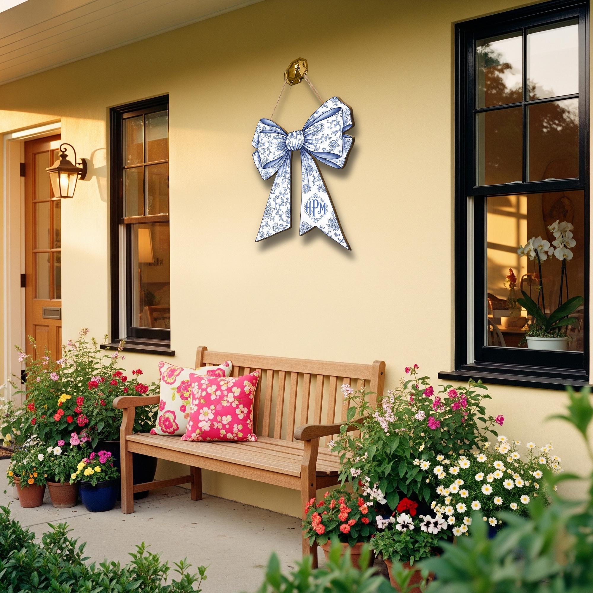 Custom Chinoiserie Bow Door Sign | Blue Floral “Coquette” Initial Hanger | Elegant Monogram Dorm & Nursey Decor | Preppy Name Door Plaque