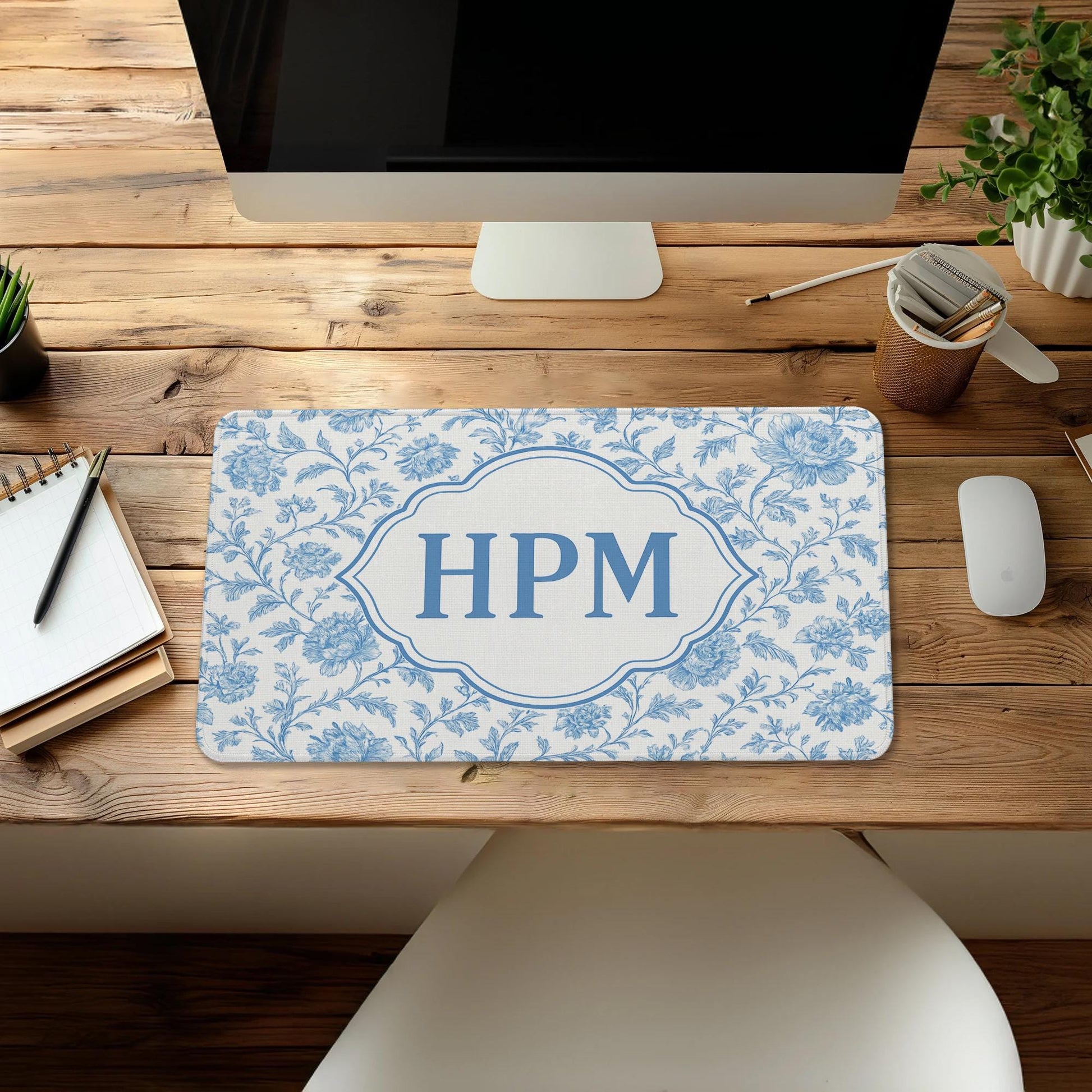 Custom Chinoiserie Mousepad | Blue Floral Monogram Desk Mat | Personalized Name Mouse Pad | Preppy Office Accessories|Elegant Workspace Gift
