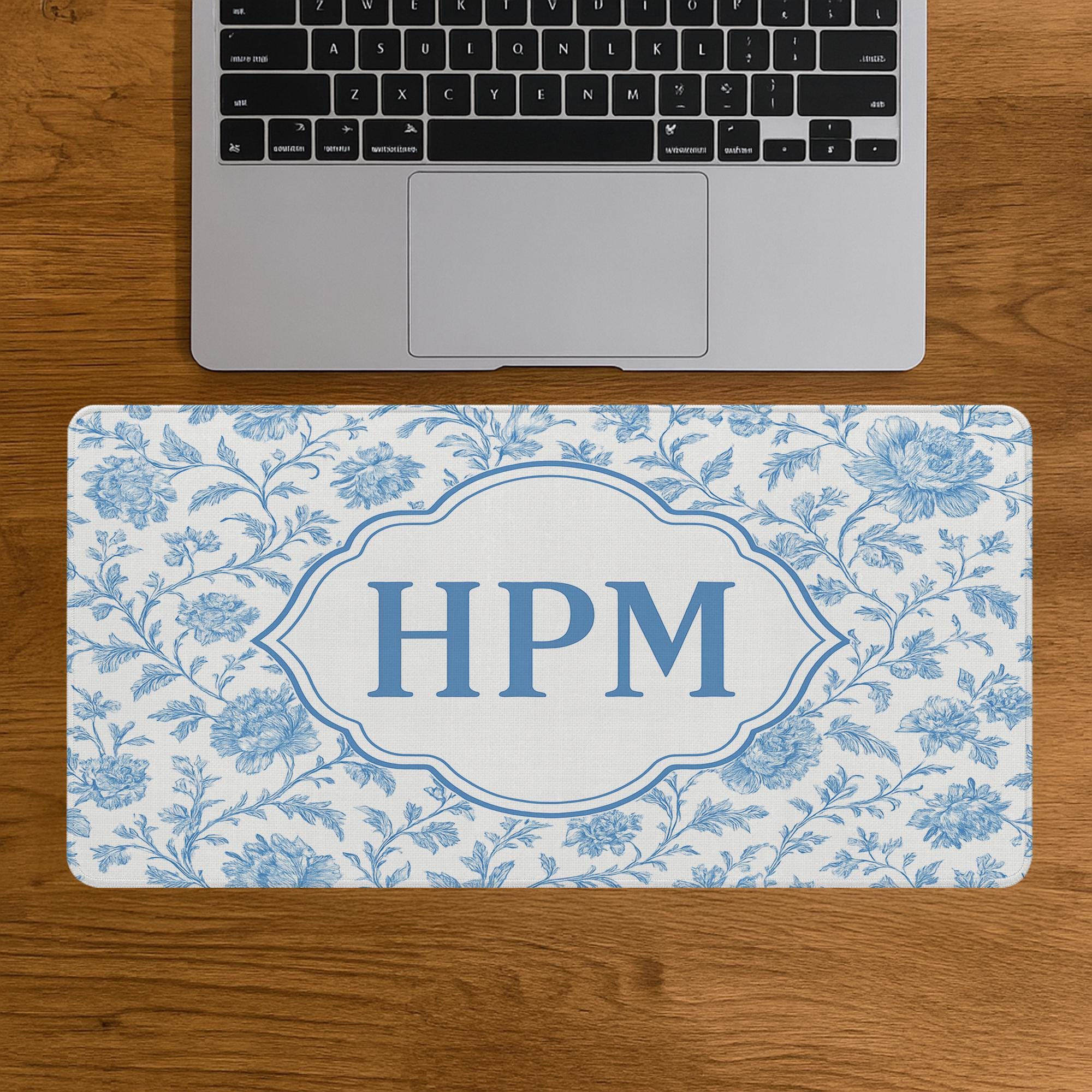 Custom Chinoiserie Mousepad | Blue Floral Monogram Desk Mat | Personalized Name Mouse Pad | Preppy Office Accessories|Elegant Workspace Gift