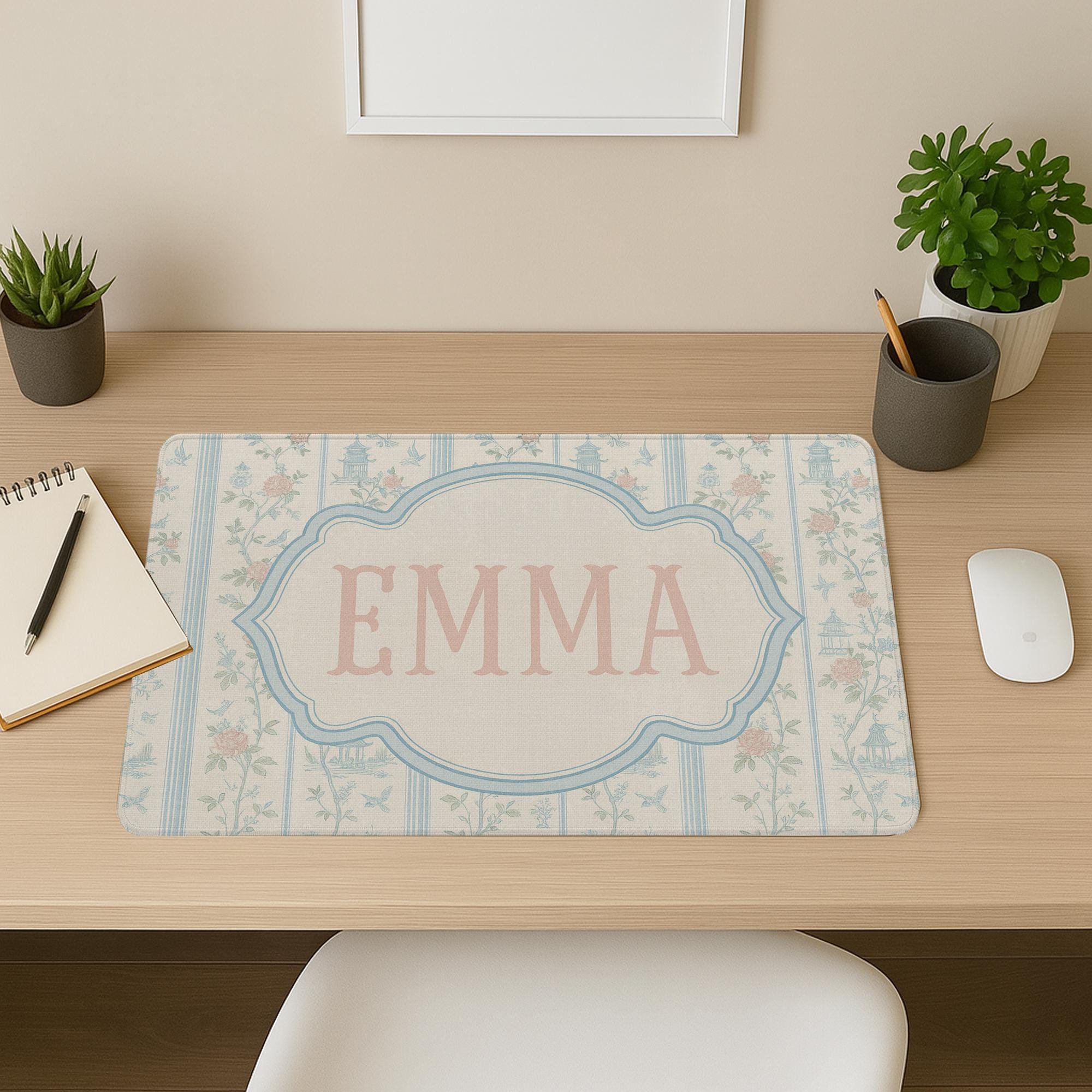 Custom Chinoiserie Mousepad | Personalized Desk Mat with Name | Pink & Blue Floral Office Decor | Elegant Preppy Workspace Gift
