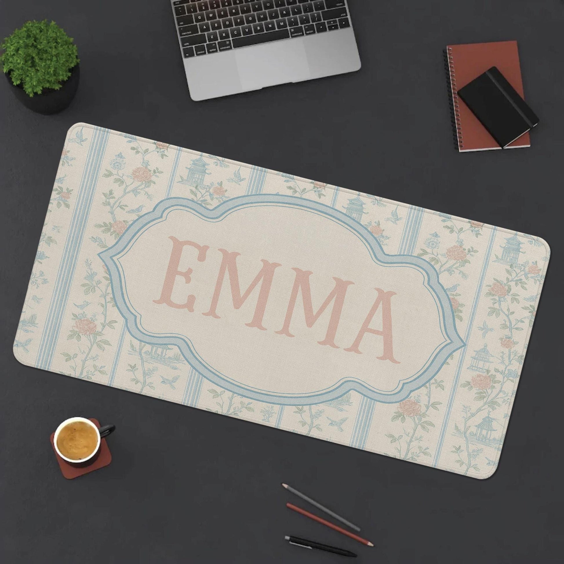 Custom Chinoiserie Mousepad | Personalized Desk Mat with Name | Pink & Blue Floral Office Decor | Elegant Preppy Workspace Gift