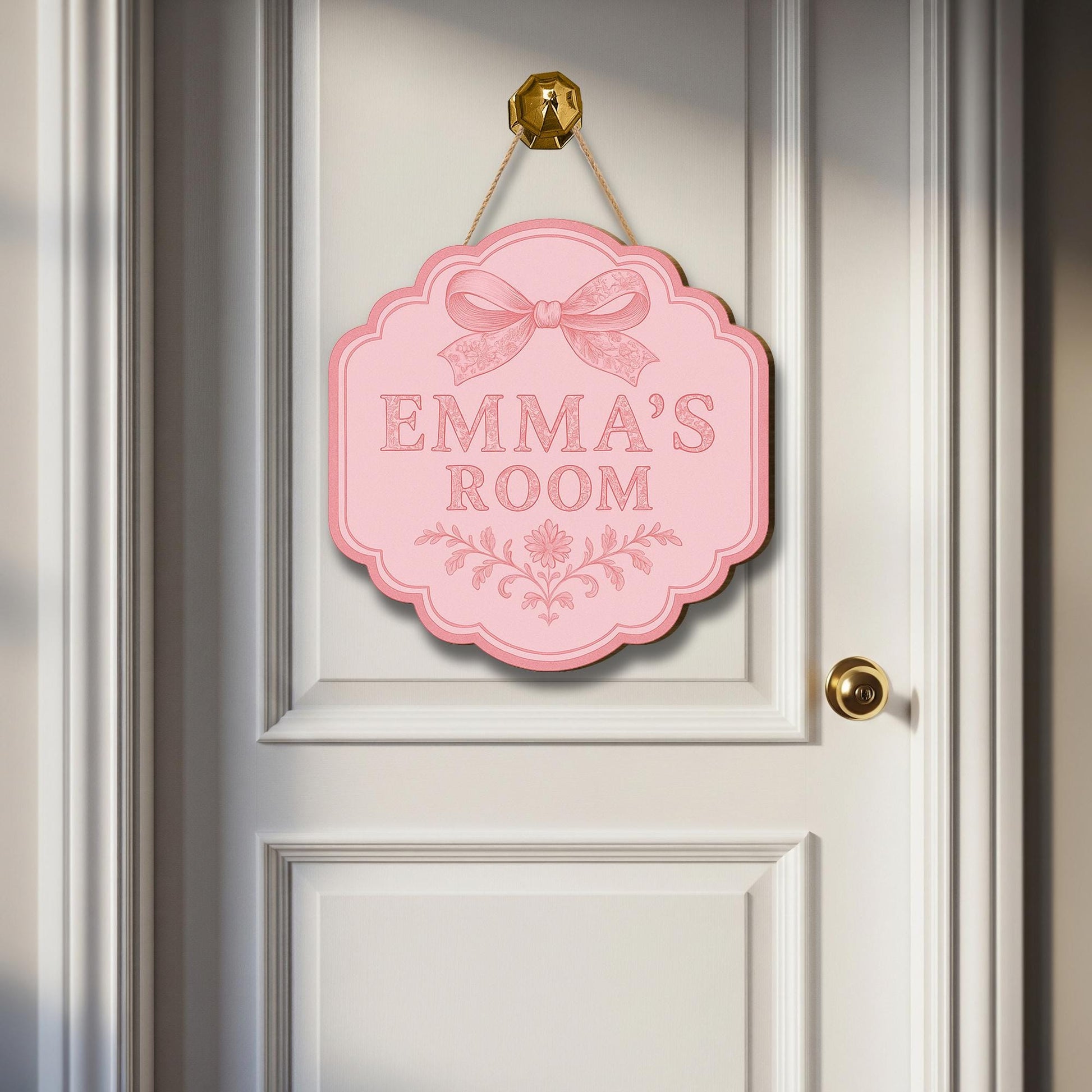 Custom Chinoiserie Door Sign | Pink Bow Room Name Plaque | Personalized Girl’s Room Decor | Elegant Cottagecore Nursery Door Hanger