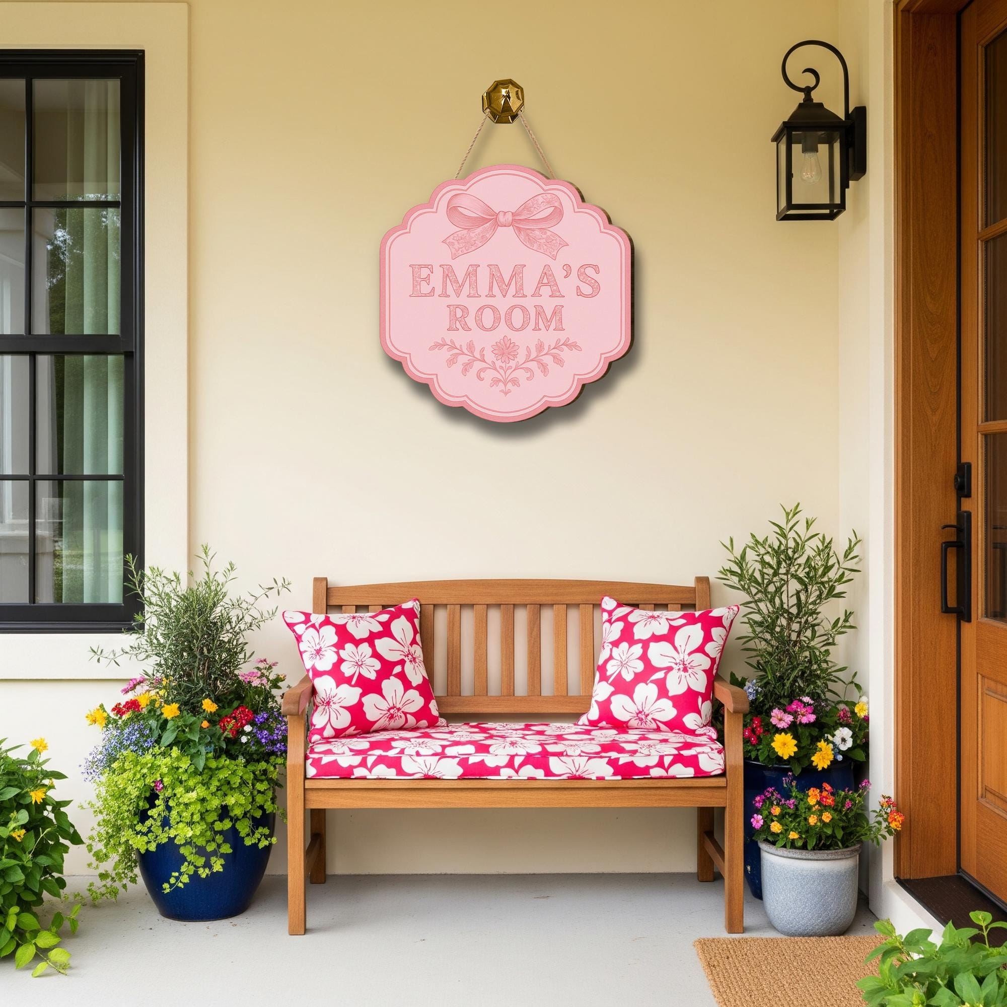 Custom Chinoiserie Door Sign | Pink Bow Room Name Plaque | Personalized Girl’s Room Decor | Elegant Cottagecore Nursery Door Hanger
