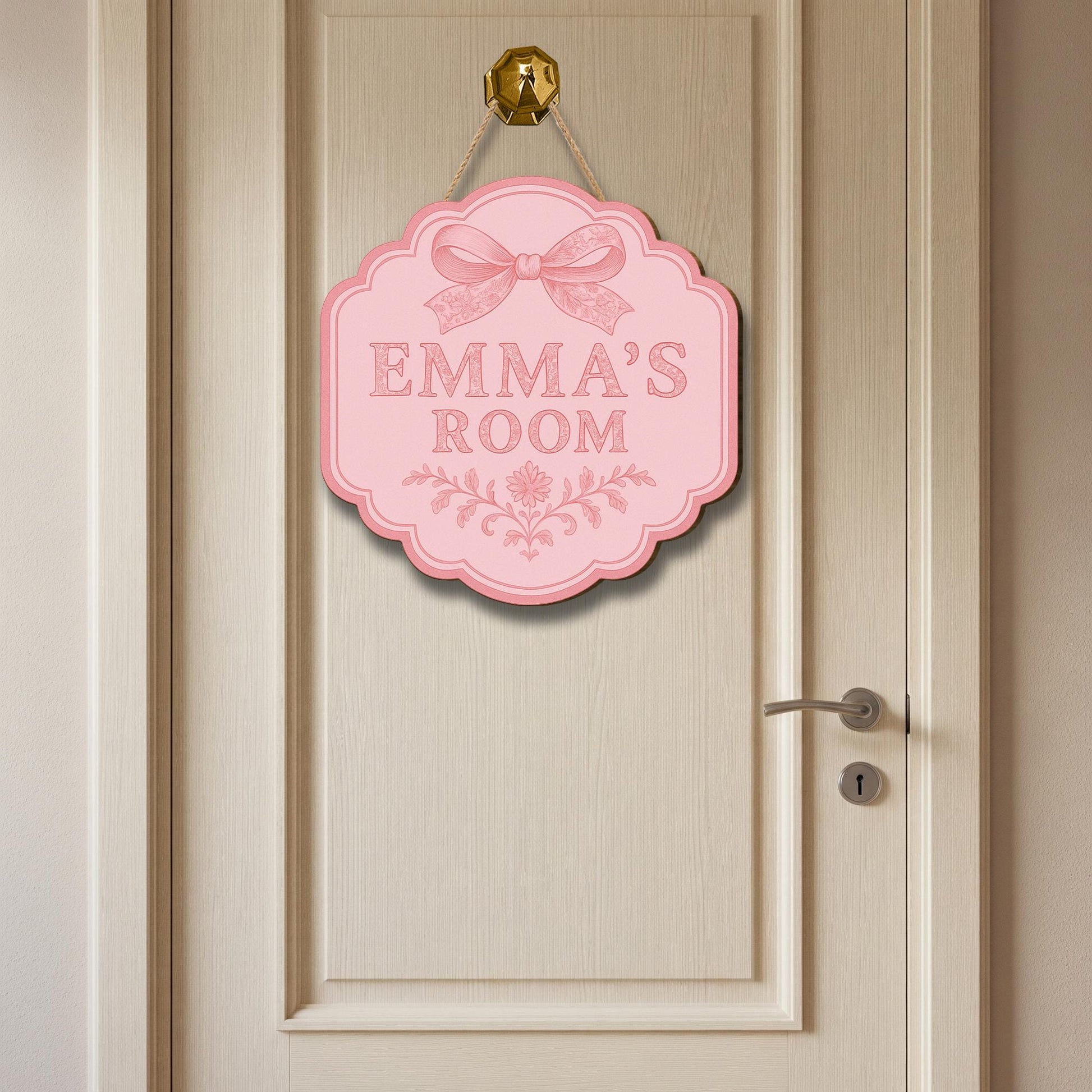 Custom Chinoiserie Door Sign | Pink Bow Room Name Plaque | Personalized Girl’s Room Decor | Elegant Cottagecore Nursery Door Hanger