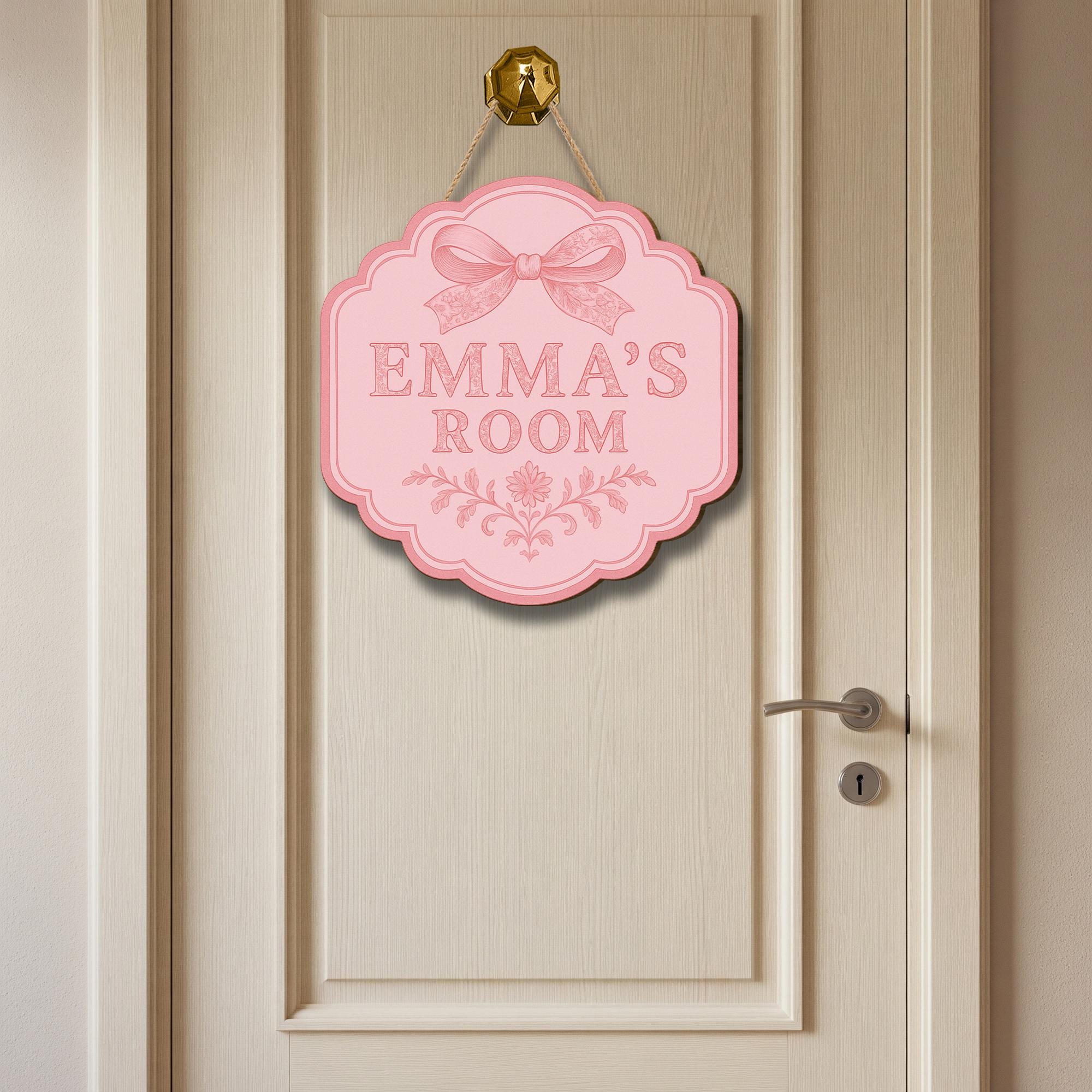 Custom Chinoiserie Door Sign | Pink Bow Room Name Plaque | Personalized Girl’s Room Decor | Elegant Cottagecore Nursery Door Hanger