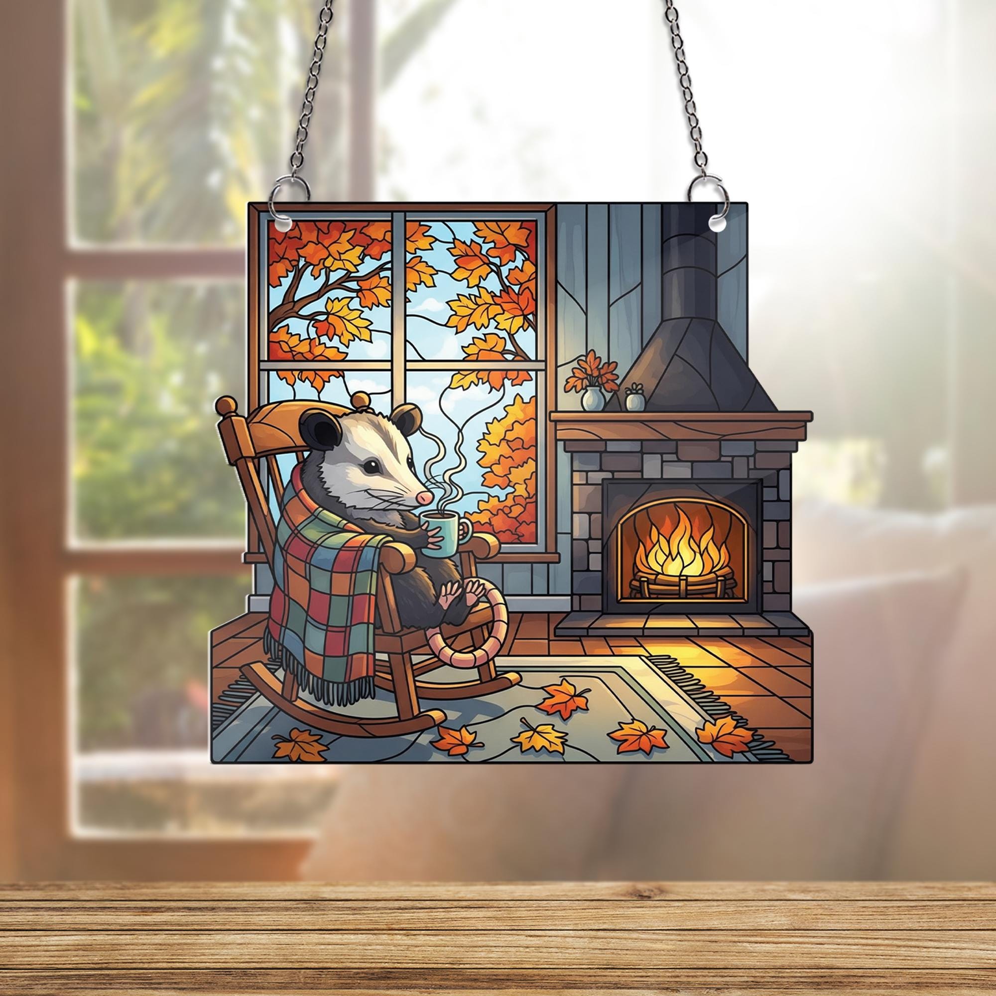 Cozy Possum Autumn Window Hanging – Stained Glass Style Fall Suncatcher, Holographic Fireplace Decor, Woodland Animal Cabin Art