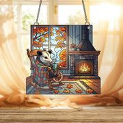 Cozy Possum Autumn Window Hanging – Stained Glass Style Fall Suncatcher, Holographic Fireplace Decor, Woodland Animal Cabin Art