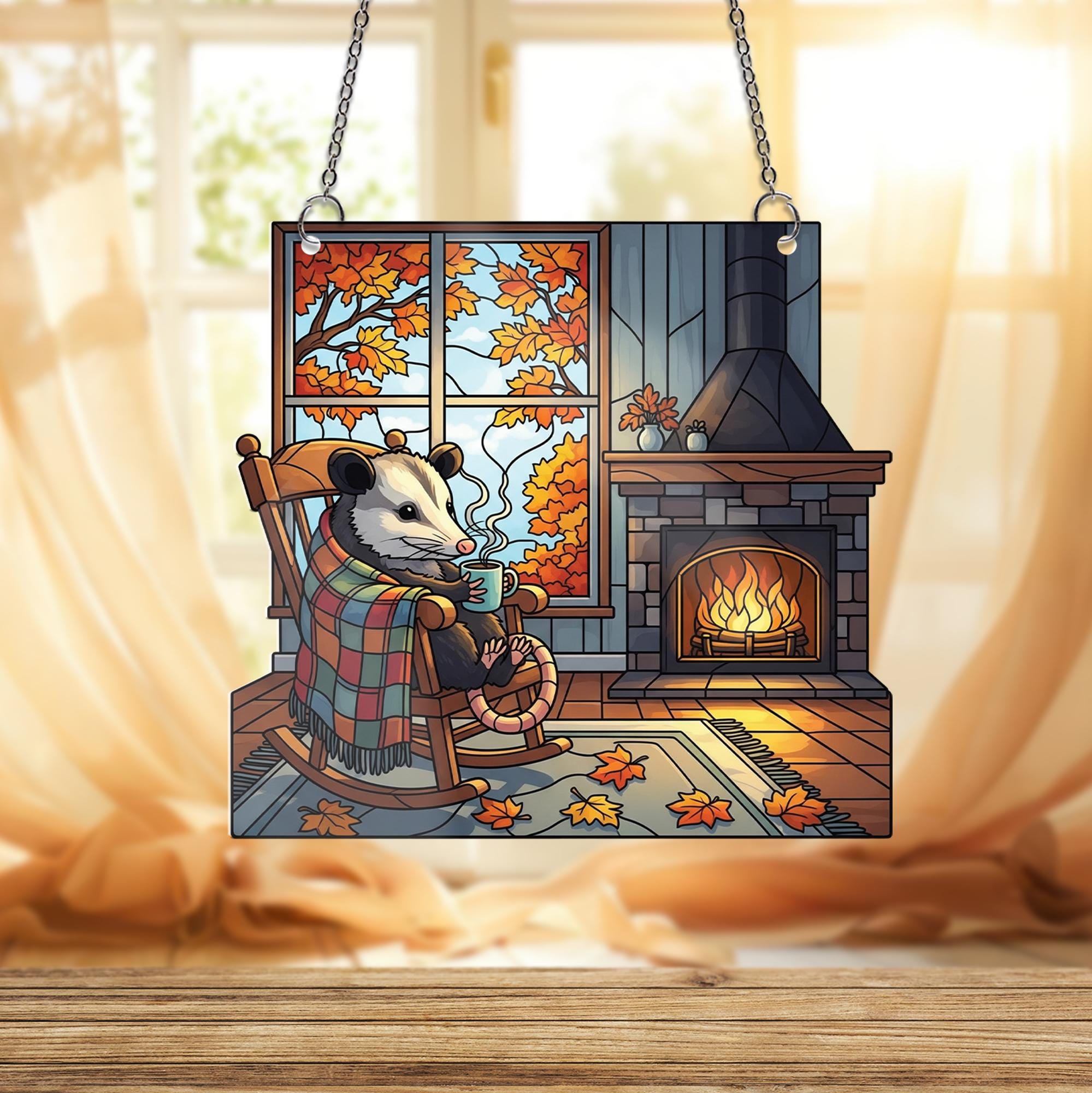 Cozy Possum Autumn Window Hanging – Stained Glass Style Fall Suncatcher, Holographic Fireplace Decor, Woodland Animal Cabin Art