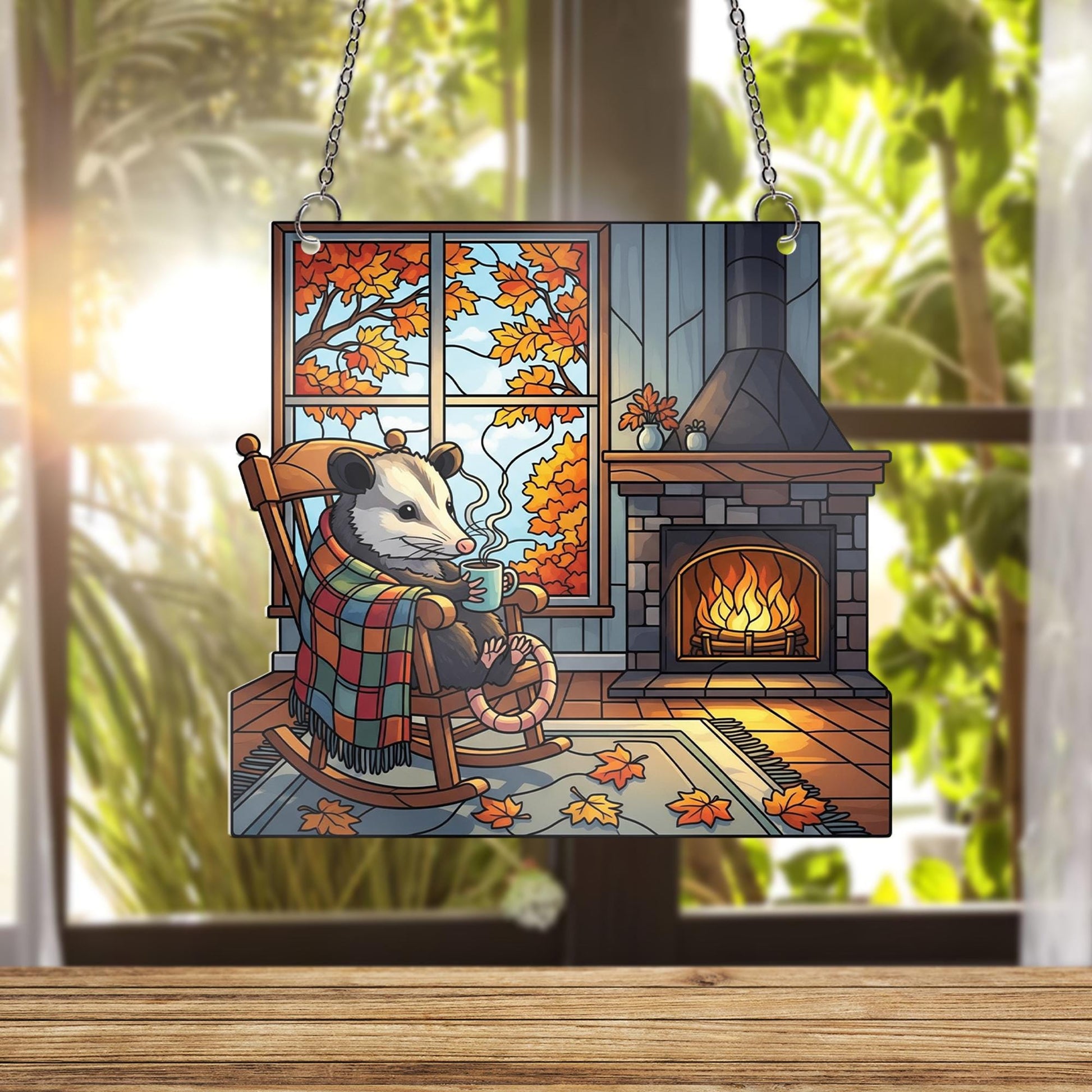 Cozy Possum Autumn Window Hanging – Stained Glass Style Fall Suncatcher, Holographic Fireplace Decor, Woodland Animal Cabin Art