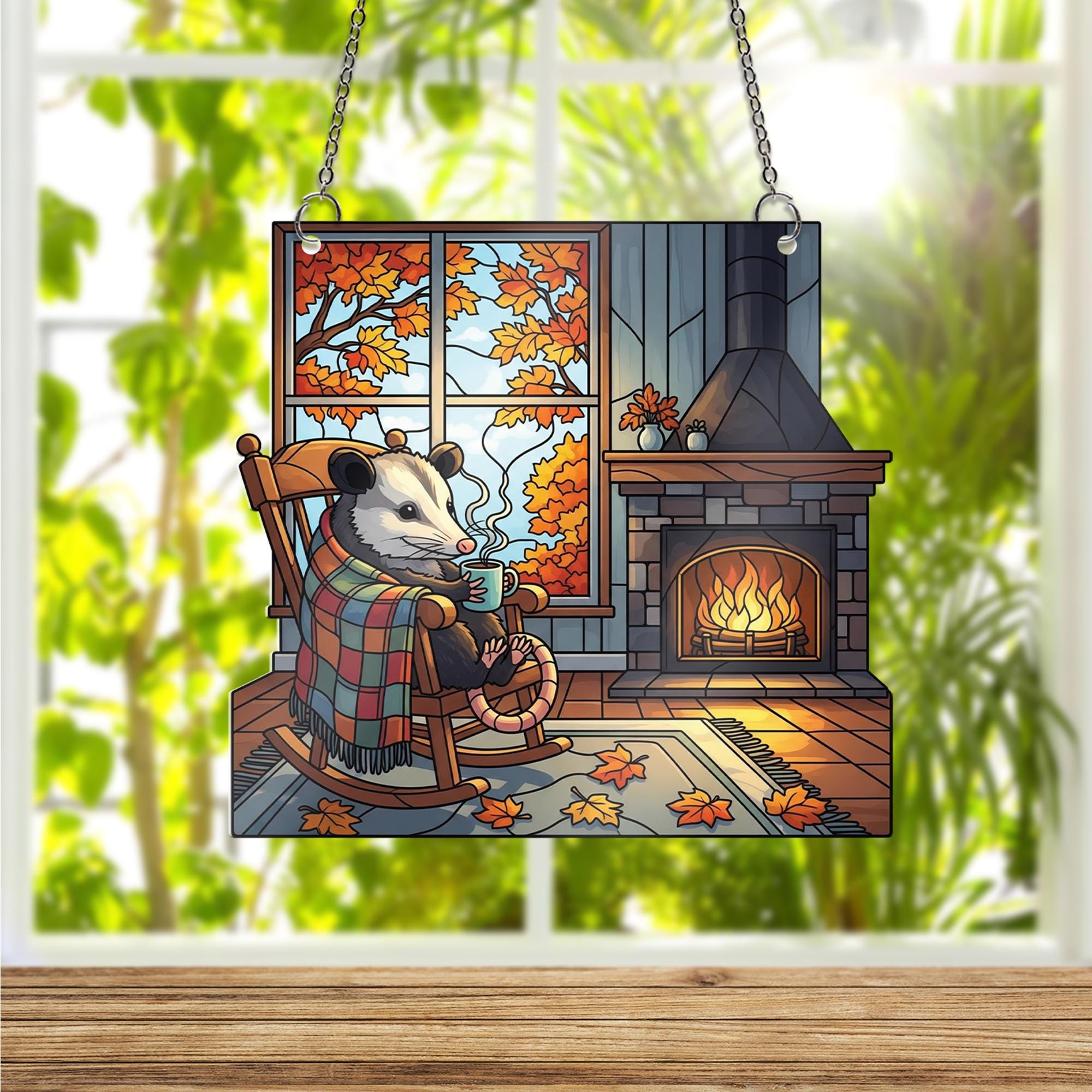 Cozy Possum Autumn Window Hanging – Stained Glass Style Fall Suncatcher, Holographic Fireplace Decor, Woodland Animal Cabin Art