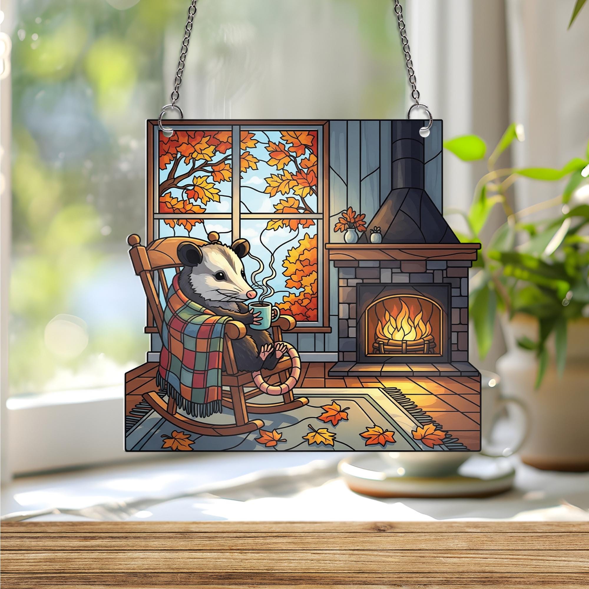 Cozy Possum Autumn Window Hanging – Stained Glass Style Fall Suncatcher, Holographic Fireplace Decor, Woodland Animal Cabin Art