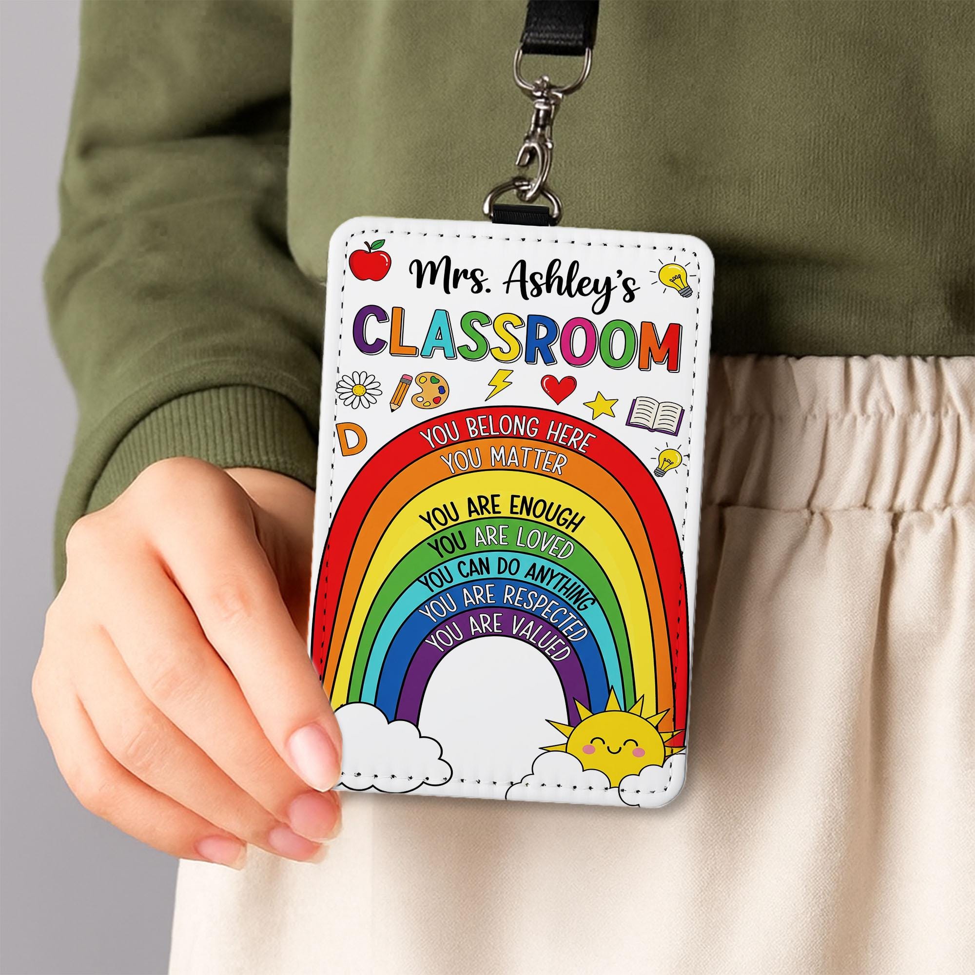 Personalized Rainbow Classroom Badge Reel – Teacher ID Holder with Positive Affirmations – Back to School Gift for Educators, Teachers