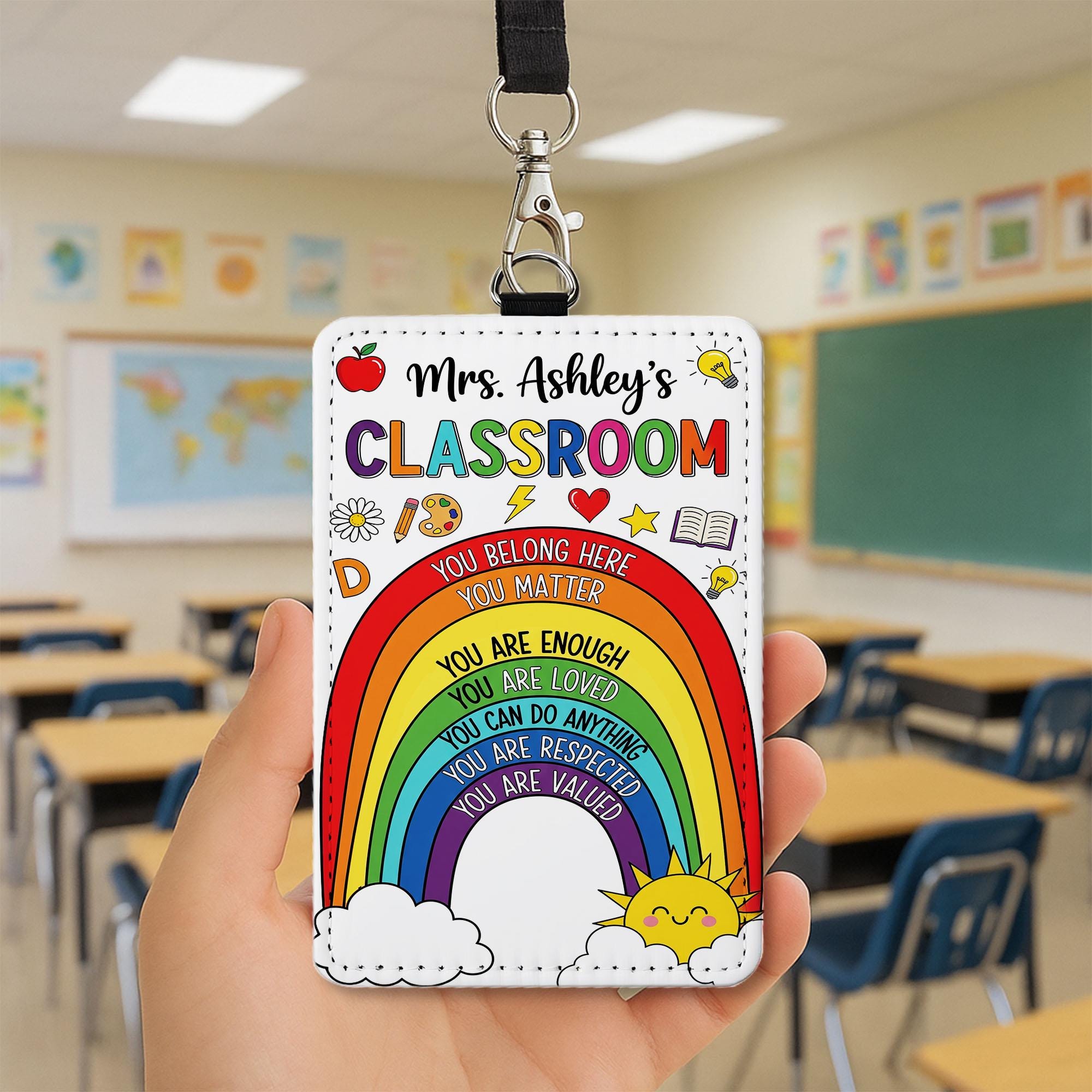 Personalized Rainbow Classroom Badge Reel – Teacher ID Holder with Positive Affirmations – Back to School Gift for Educators, Teachers