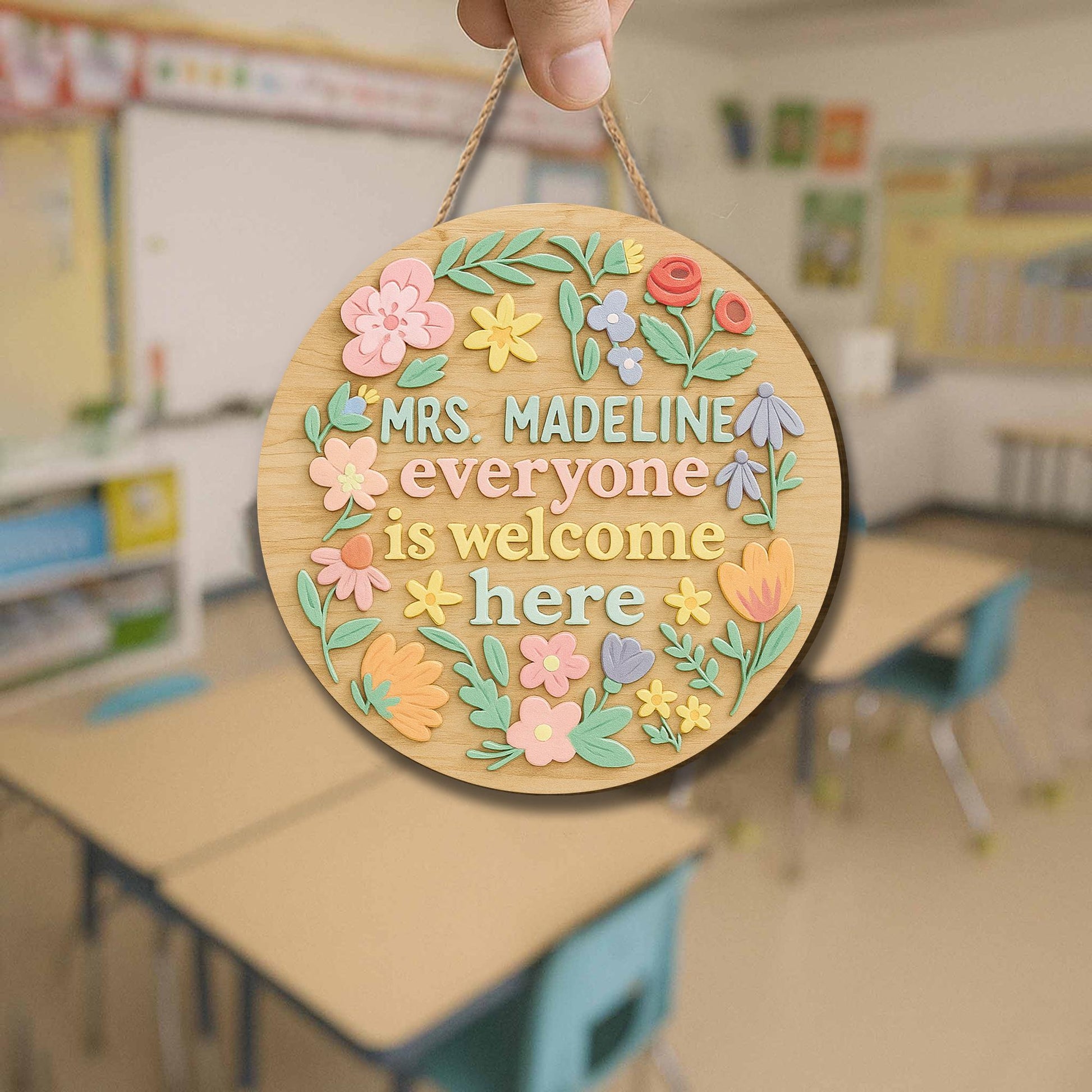 Personalized Classroom Welcome Sign with Flowers – Custom Floral Teacher Door Hanger – Everyone Is Welcome Back to School Decor for Teacher