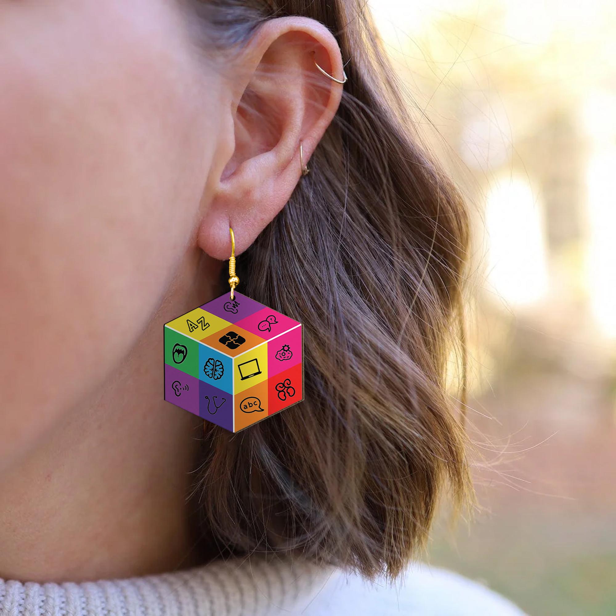Colorful Speech Therapy Earrings – SLP Cube Design Gift for Speech Pathologists, Language Teachers, Fun Education Jewelry for Women