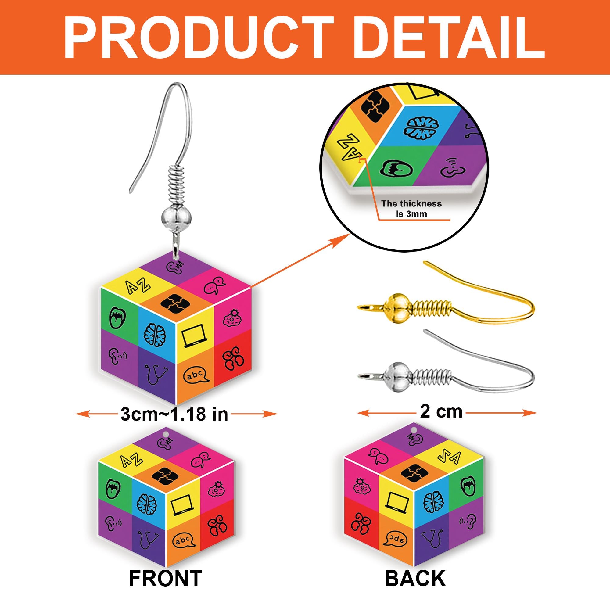 Colorful Speech Therapy Earrings – SLP Cube Design Gift for Speech Pathologists, Language Teachers, Fun Education Jewelry for Women
