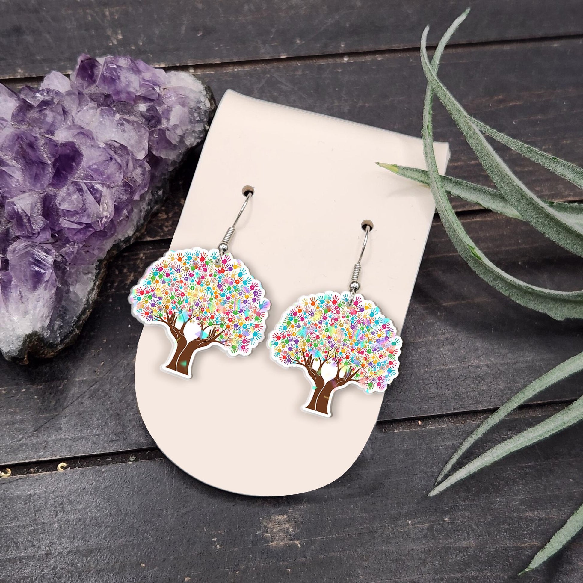 Colorful Tree of Life Earrings – Handprint Tree Jewelry for Teachers, Counselors, Autism Support, Social Workers, Unique Gift for Women