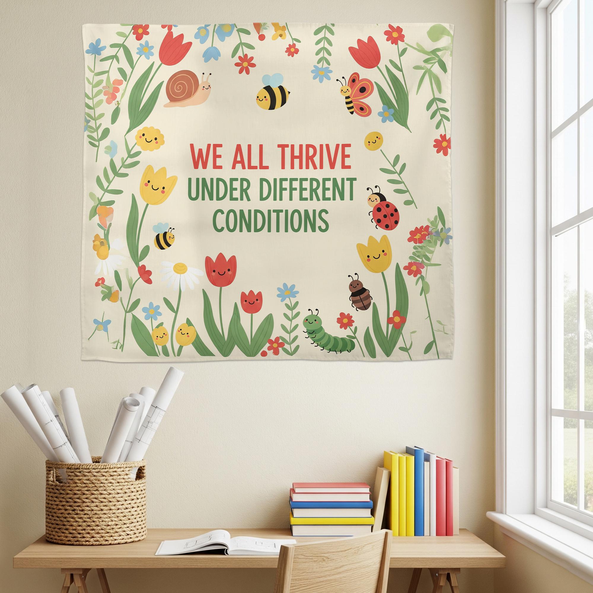 Classroom Tapestry Decor, We All Thrive Banner, Inclusive Teacher Poster, Growth Mindset Wall Art, Motivational School Tapestry