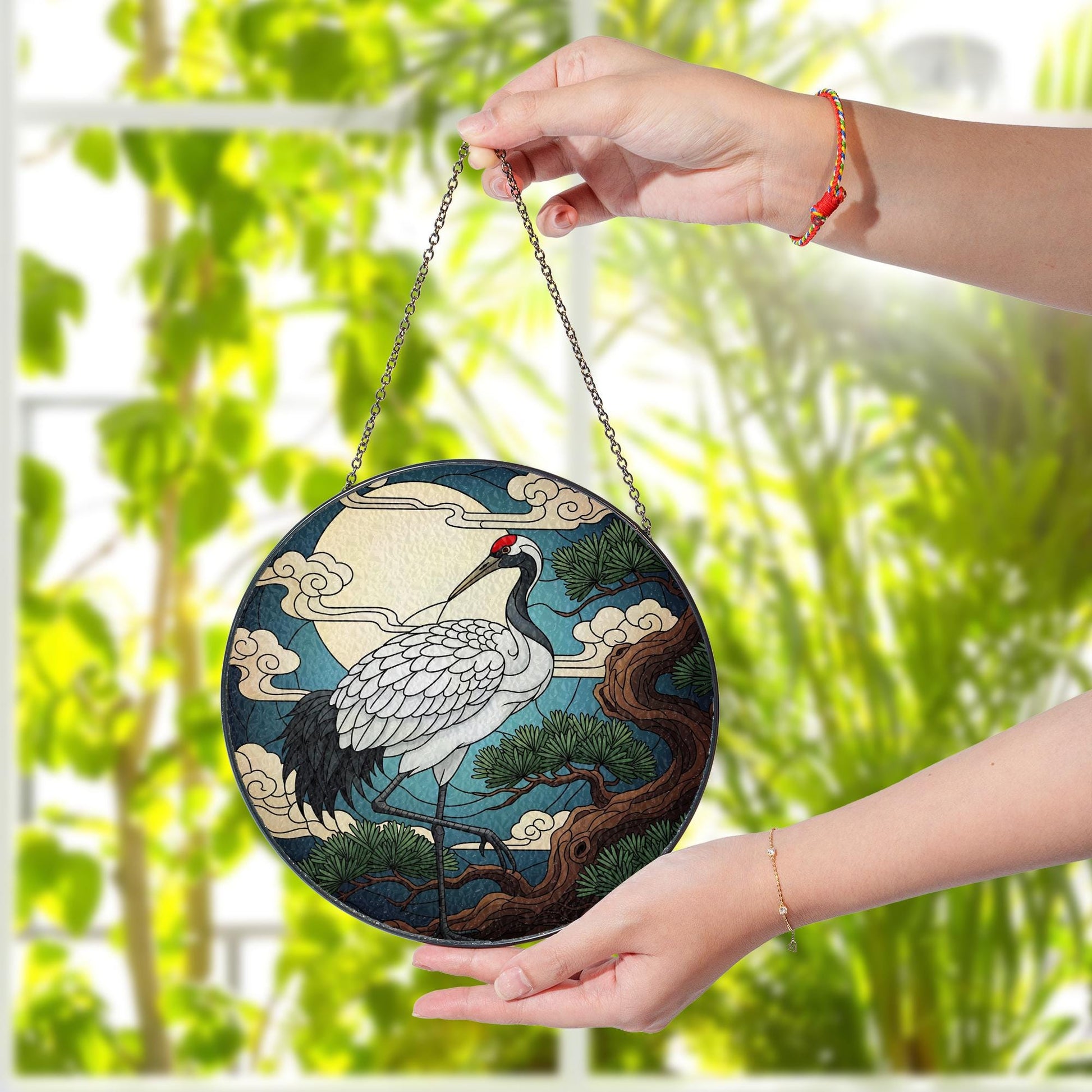 Crane and Moon Faux Stained Glass Suncatcher – Japanese Art Window Hanging, Round Bird Sun Catcher, Zen Nature Decor for Home