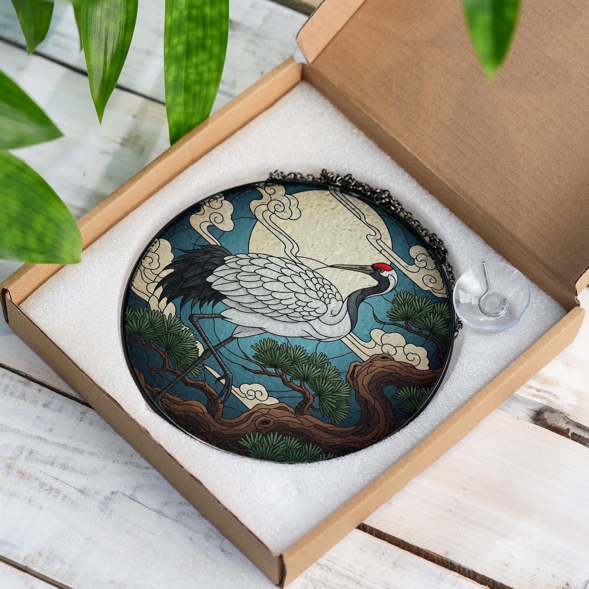 Crane and Moon Faux Stained Glass Suncatcher – Japanese Art Window Hanging, Round Bird Sun Catcher, Zen Nature Decor for Home