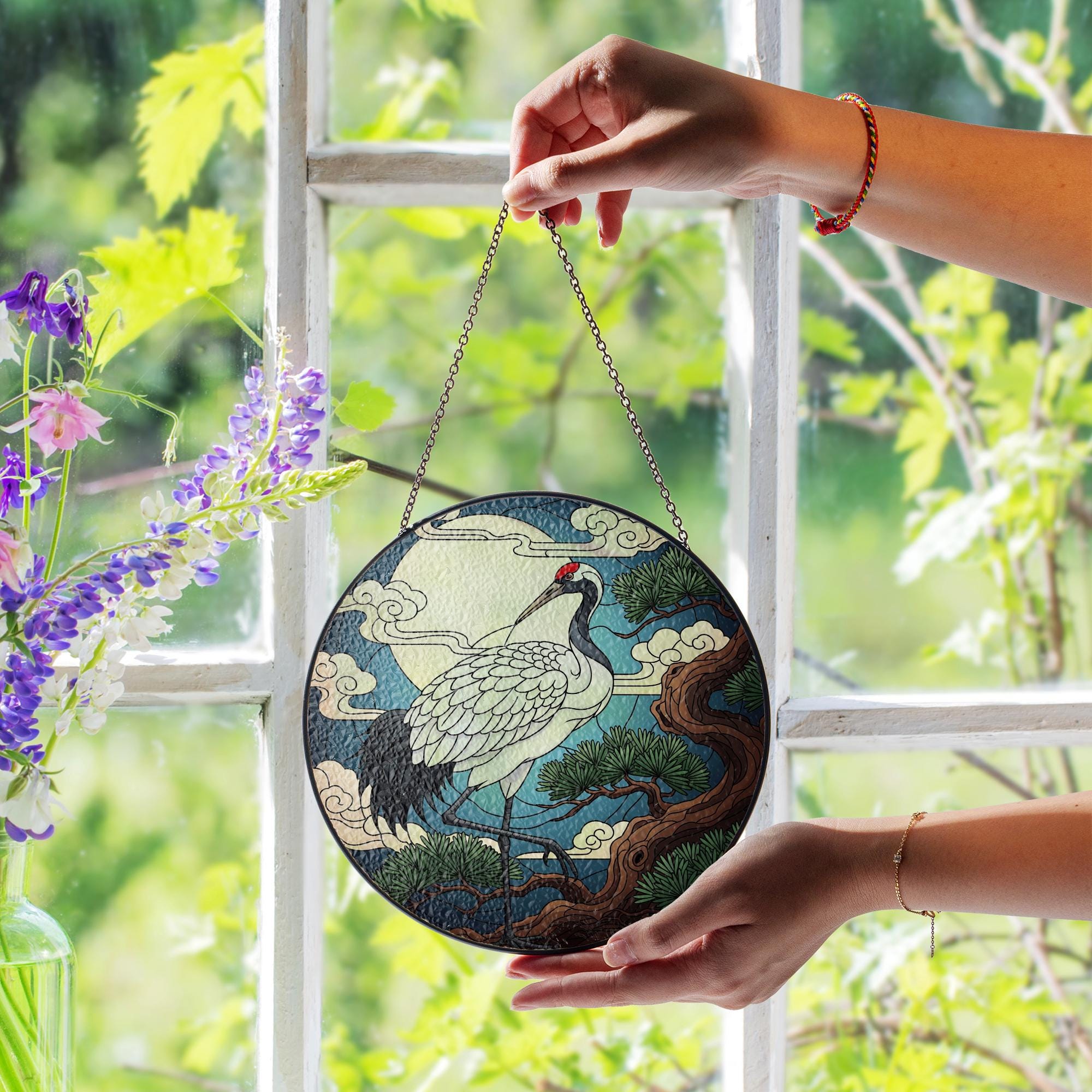 Crane and Moon Faux Stained Glass Suncatcher – Japanese Art Window Hanging, Round Bird Sun Catcher, Zen Nature Decor for Home