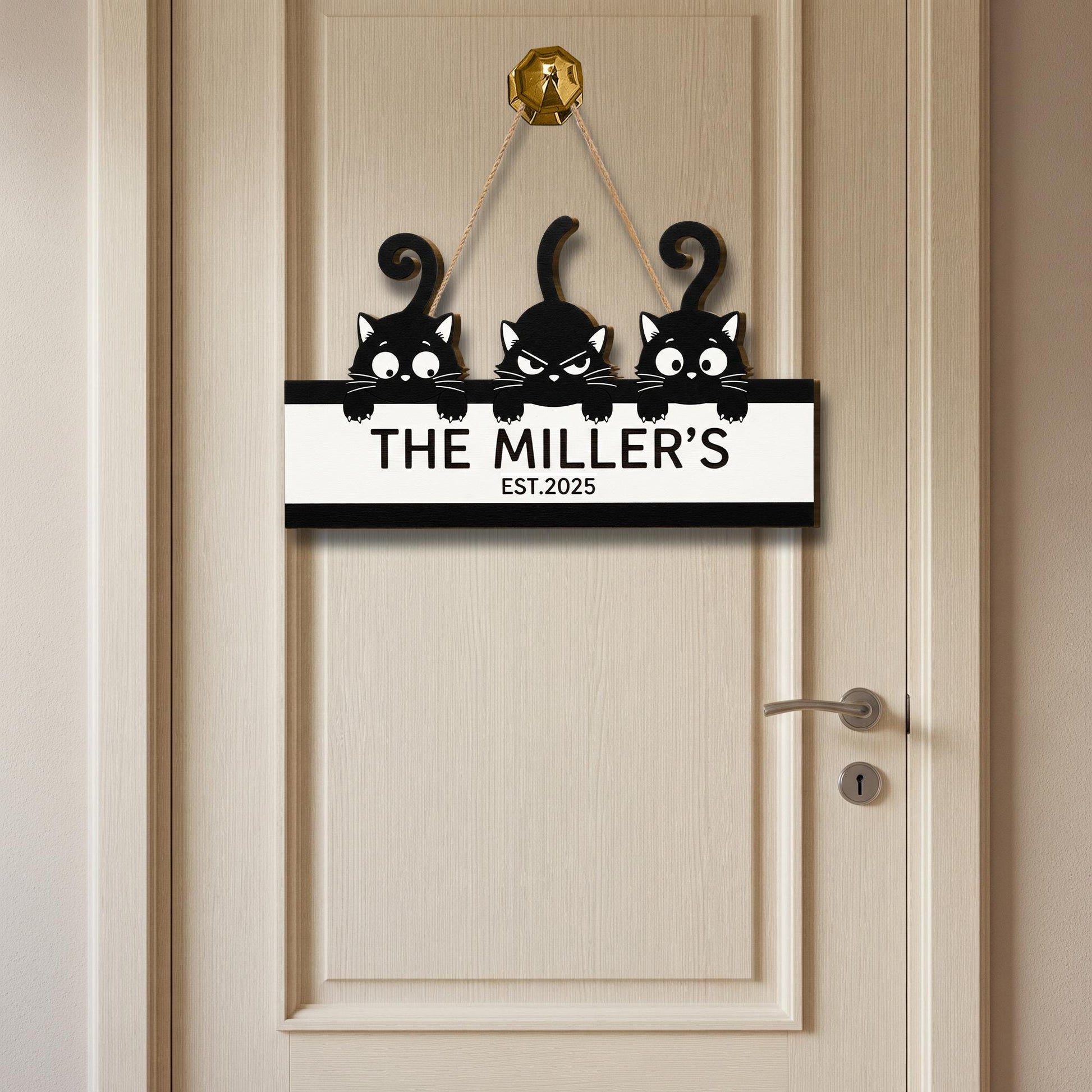 Custom Cat Family Name Sign – Personalized Wooden Door Sign with Cute Black Cat, Housewarming Gift, Pet Lover Decor, Established Year Plaque