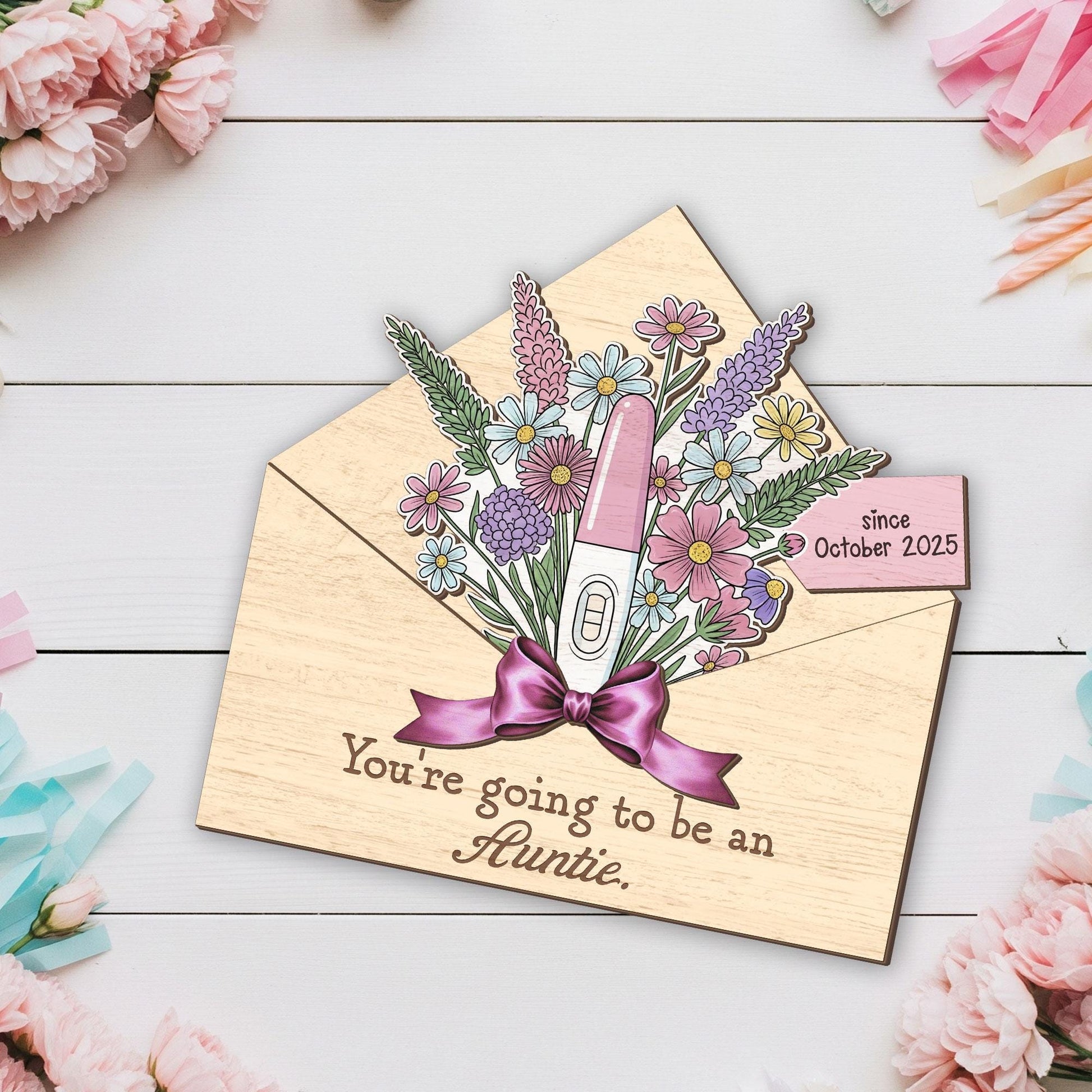 Custom Wooden Pregnancy Test Flower Bouquet | Auntie Baby Announcement Gift | Envelope Keepsake Reveal | October 2025 Pregnancy Reveal