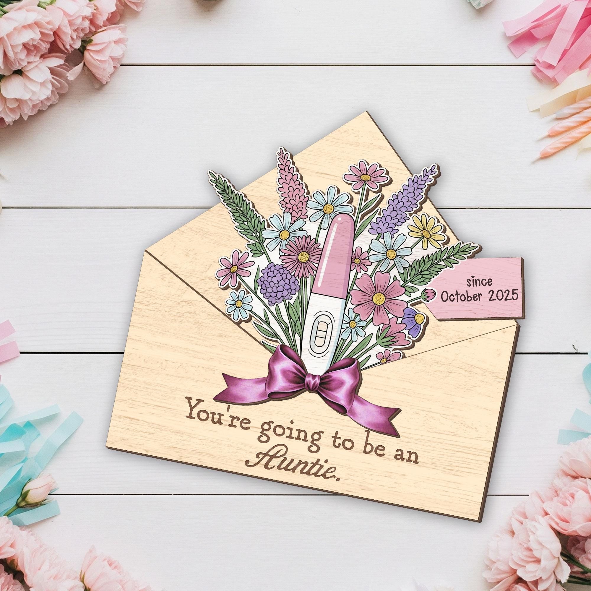 Custom Wooden Pregnancy Test Flower Bouquet | Auntie Baby Announcement Gift | Envelope Keepsake Reveal | October 2025 Pregnancy Reveal