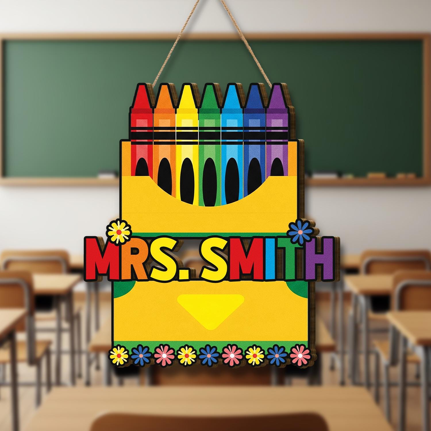 Crayon Teacher Door Sign, Personalized Name Plaque for Classroom, Back to School Decor, Rainbow Custom Teacher Gift, School Door Hanger