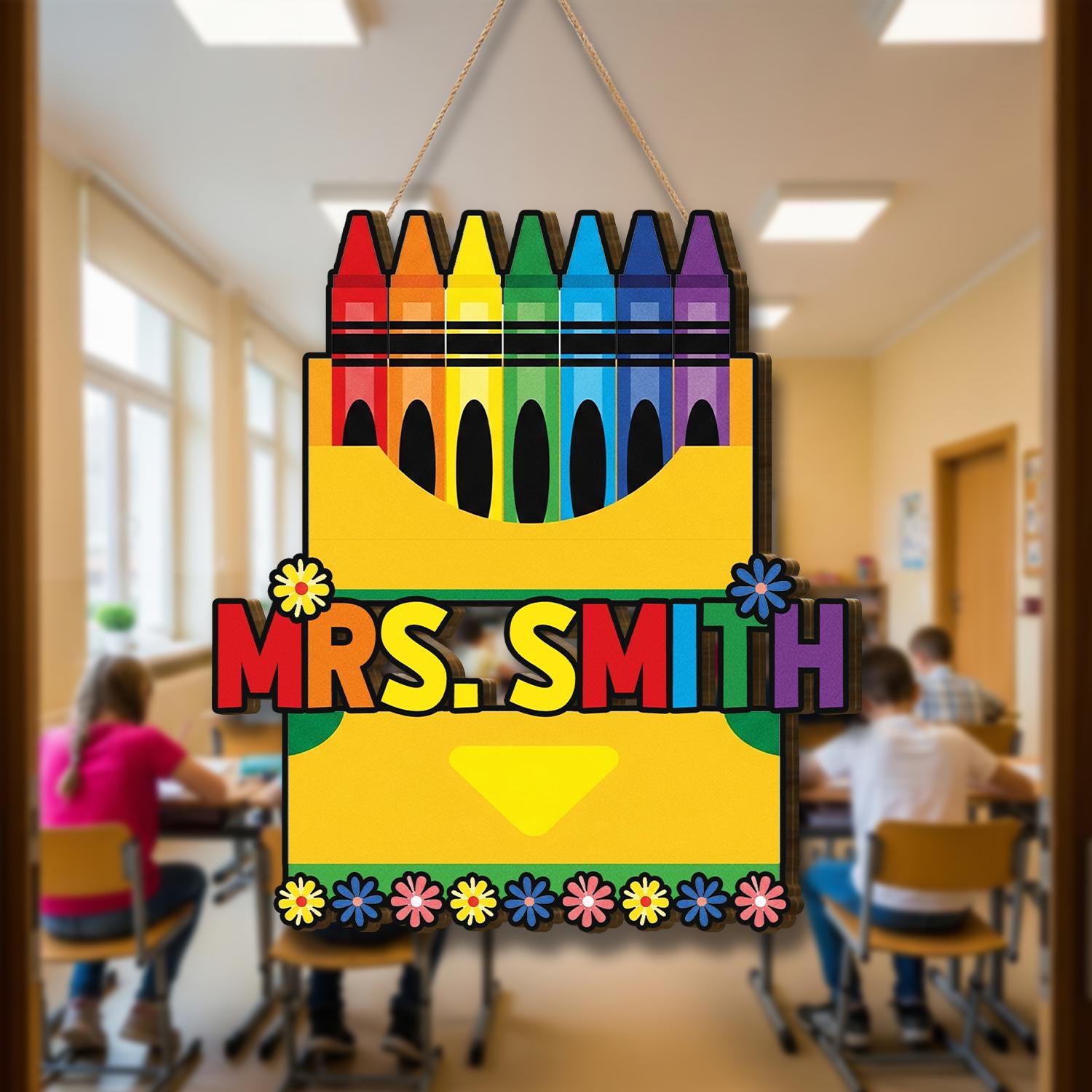 Crayon Teacher Door Sign, Personalized Name Plaque for Classroom, Back to School Decor, Rainbow Custom Teacher Gift, School Door Hanger