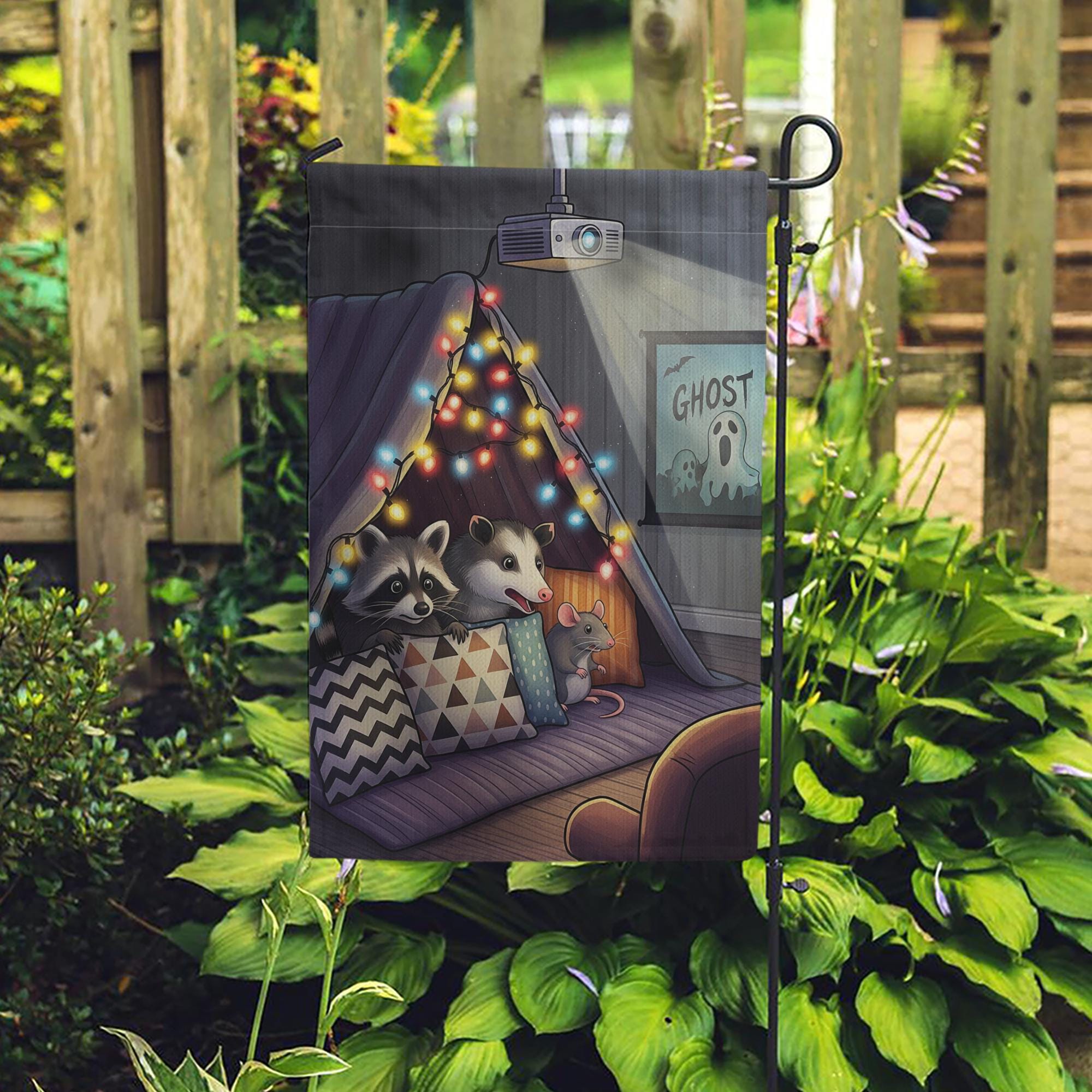 Cozy Movie Night Garden Flag – Raccoon Opossum Mouse Cozy Fort Decor, Outdoor Yard Flag, Fall Autumn Home Decoration