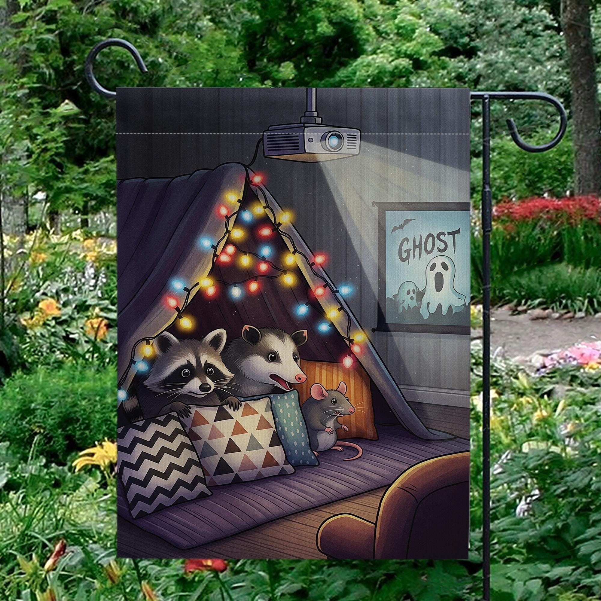 Cozy Movie Night Garden Flag – Raccoon Opossum Mouse Cozy Fort Decor, Outdoor Yard Flag, Fall Autumn Home Decoration