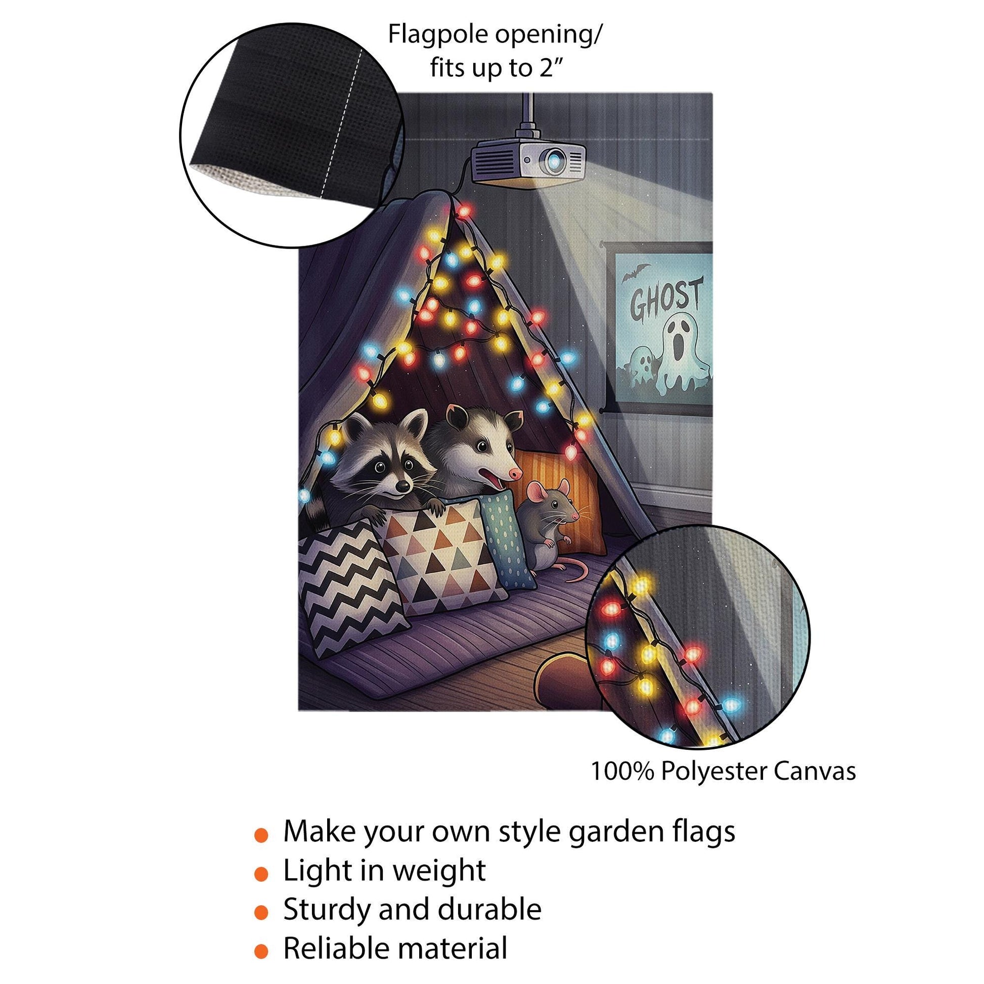 Cozy Movie Night Garden Flag – Raccoon Opossum Mouse Cozy Fort Decor, Outdoor Yard Flag, Fall Autumn Home Decoration