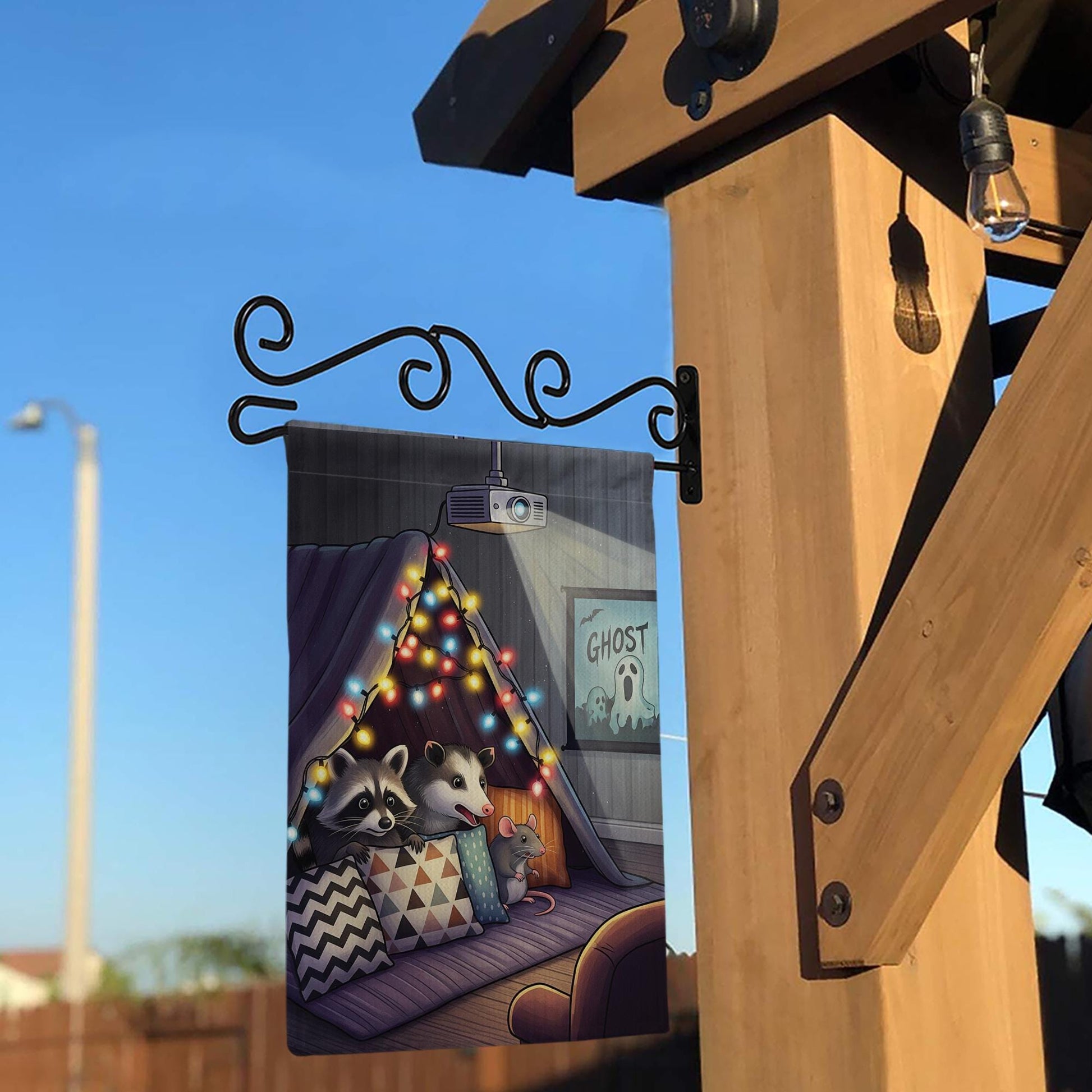 Cozy Movie Night Garden Flag – Raccoon Opossum Mouse Cozy Fort Decor, Outdoor Yard Flag, Fall Autumn Home Decoration