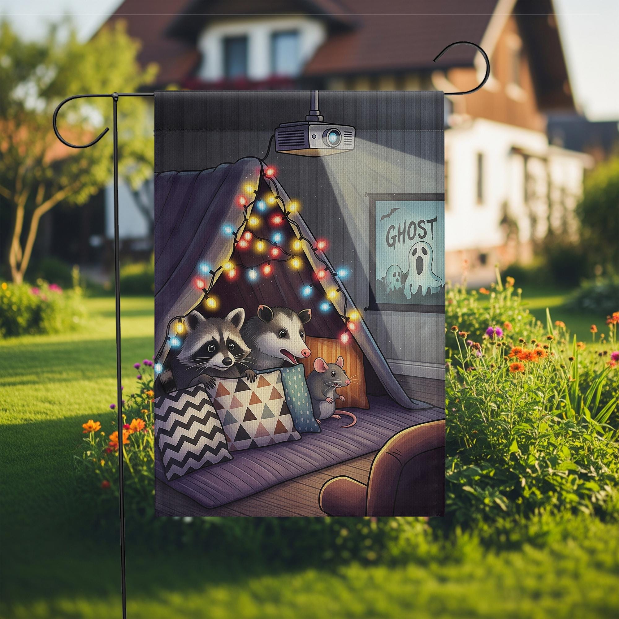 Cozy Movie Night Garden Flag – Raccoon Opossum Mouse Cozy Fort Decor, Outdoor Yard Flag, Fall Autumn Home Decoration