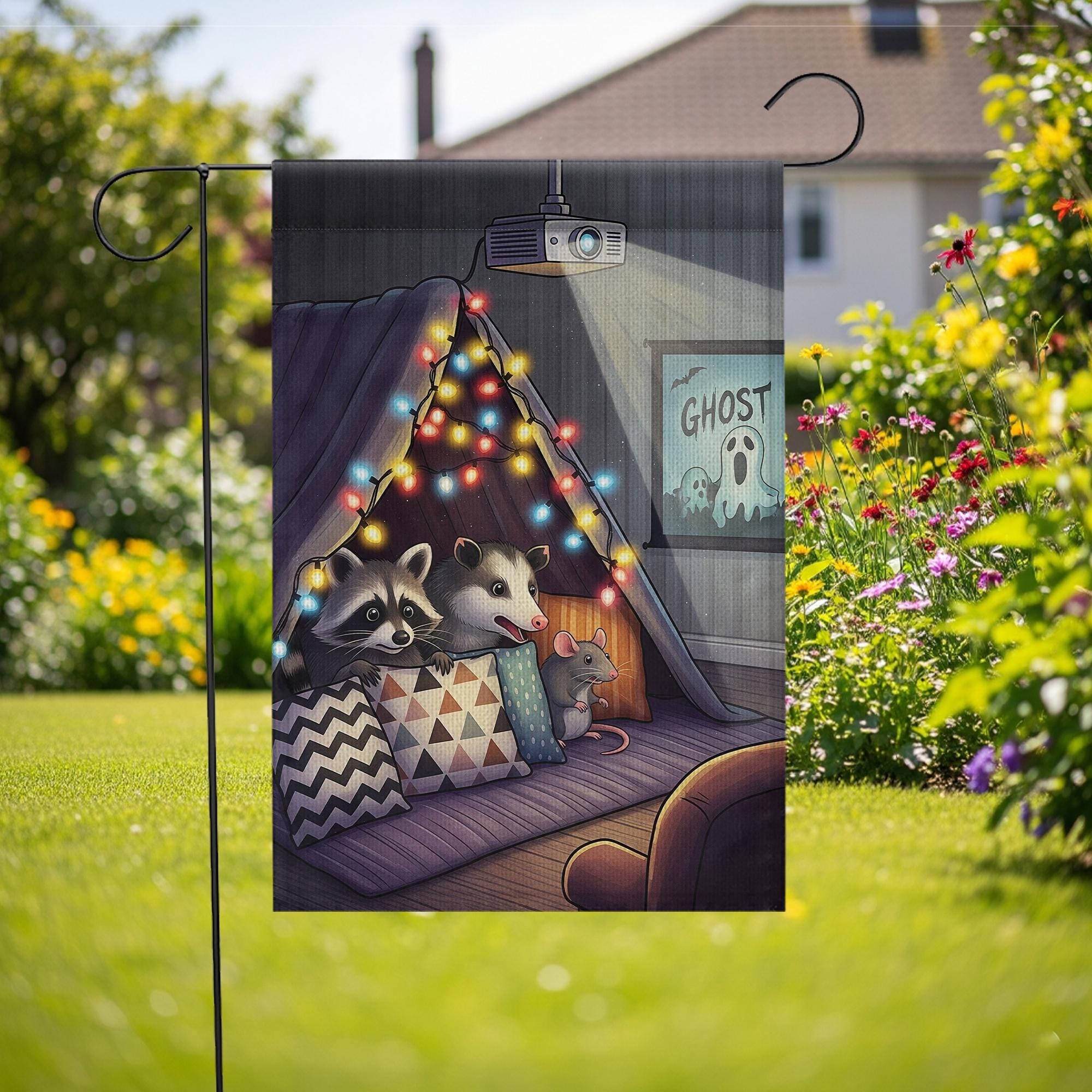 Cozy Movie Night Garden Flag – Raccoon Opossum Mouse Cozy Fort Decor, Outdoor Yard Flag, Fall Autumn Home Decoration