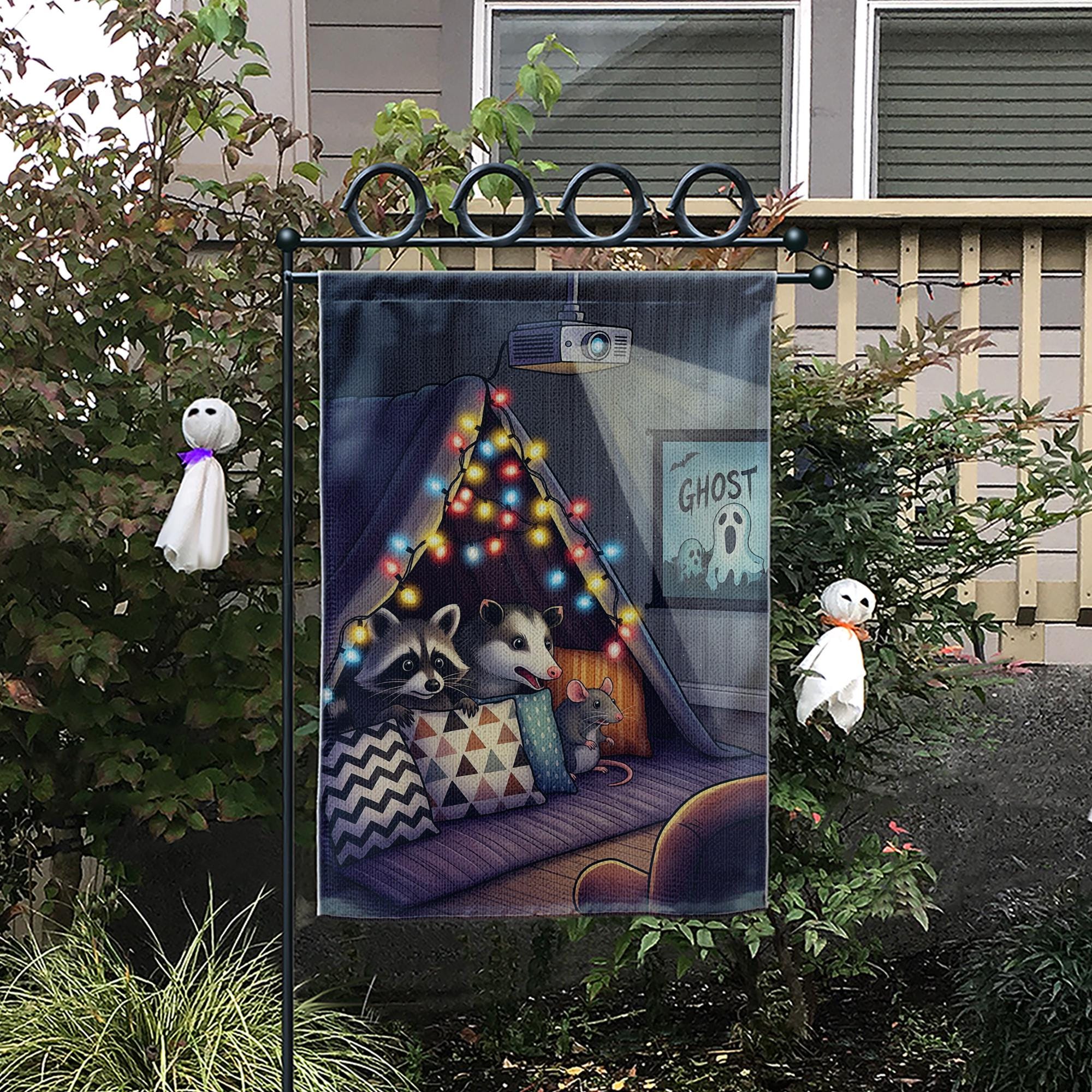 Cozy Movie Night Garden Flag – Raccoon Opossum Mouse Cozy Fort Decor, Outdoor Yard Flag, Fall Autumn Home Decoration