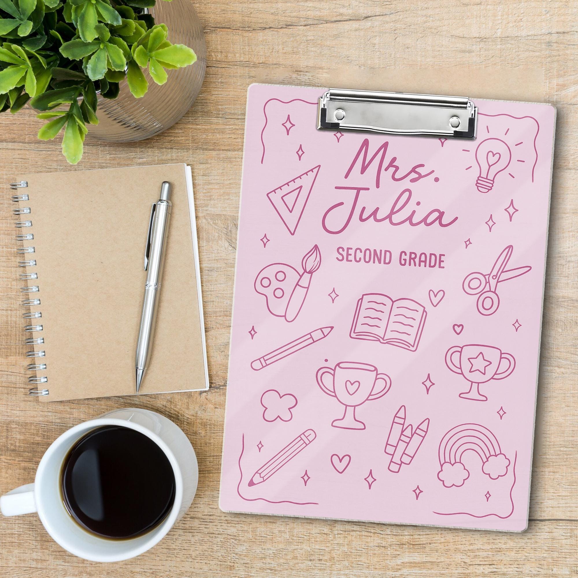 Personalized Teacher Clipboard, Custom Name - Grade, Pink School Supplies Design for Classroom or Teacher Appreciation Gift, Back To School