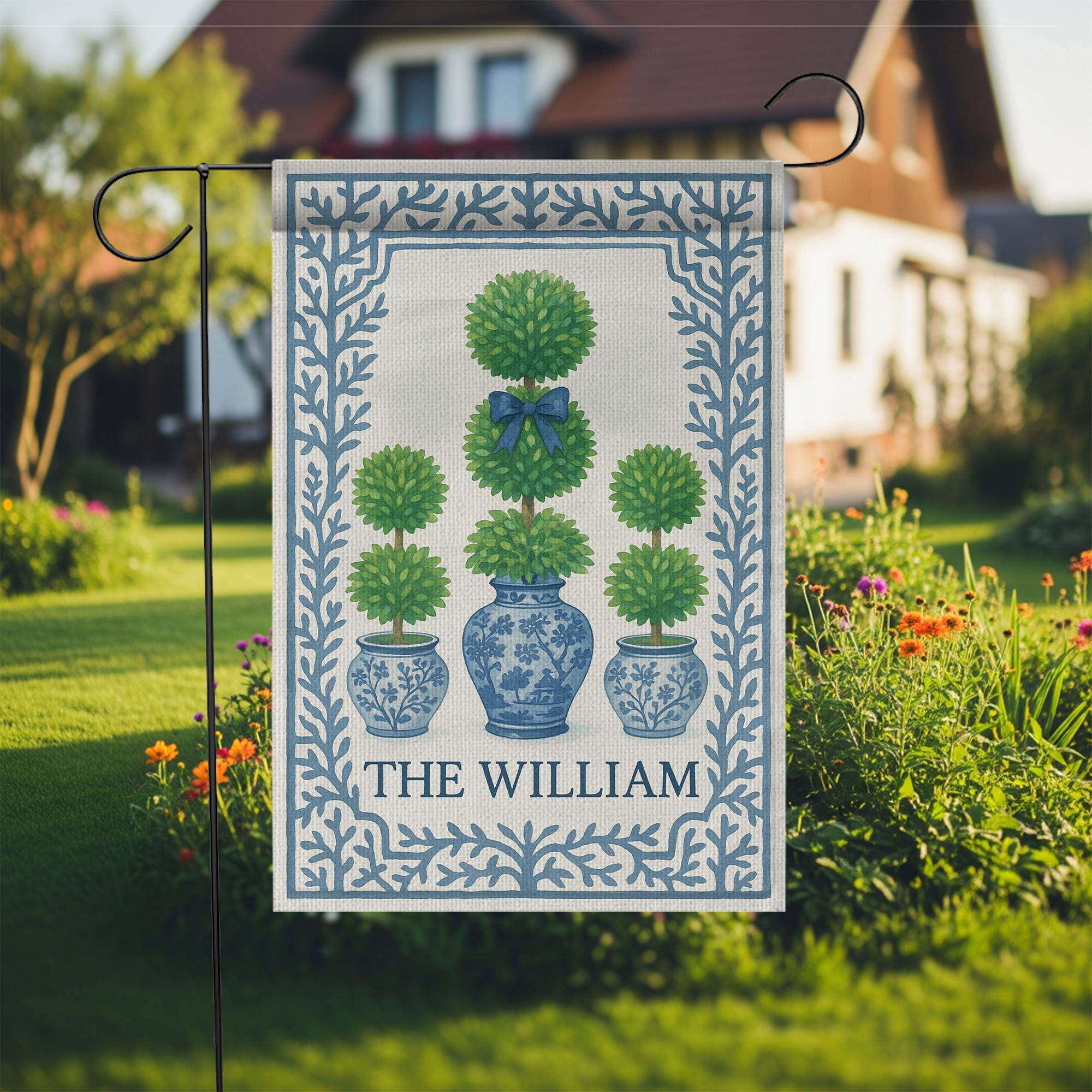 Custom Chinoiserie Garden Flag | Blue Topiary Planter Yard Sign | Personalized Outdoor Decor | Elegant Monogram Spring Porch Flag
