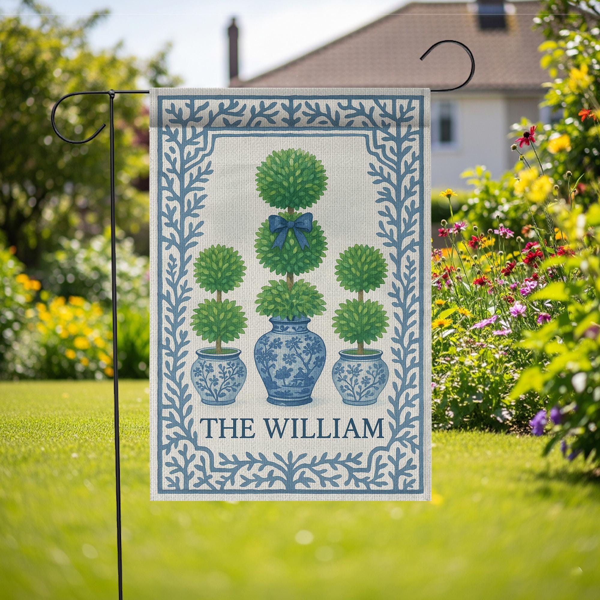 Custom Chinoiserie Garden Flag | Blue Topiary Planter Yard Sign | Personalized Outdoor Decor | Elegant Monogram Spring Porch Flag