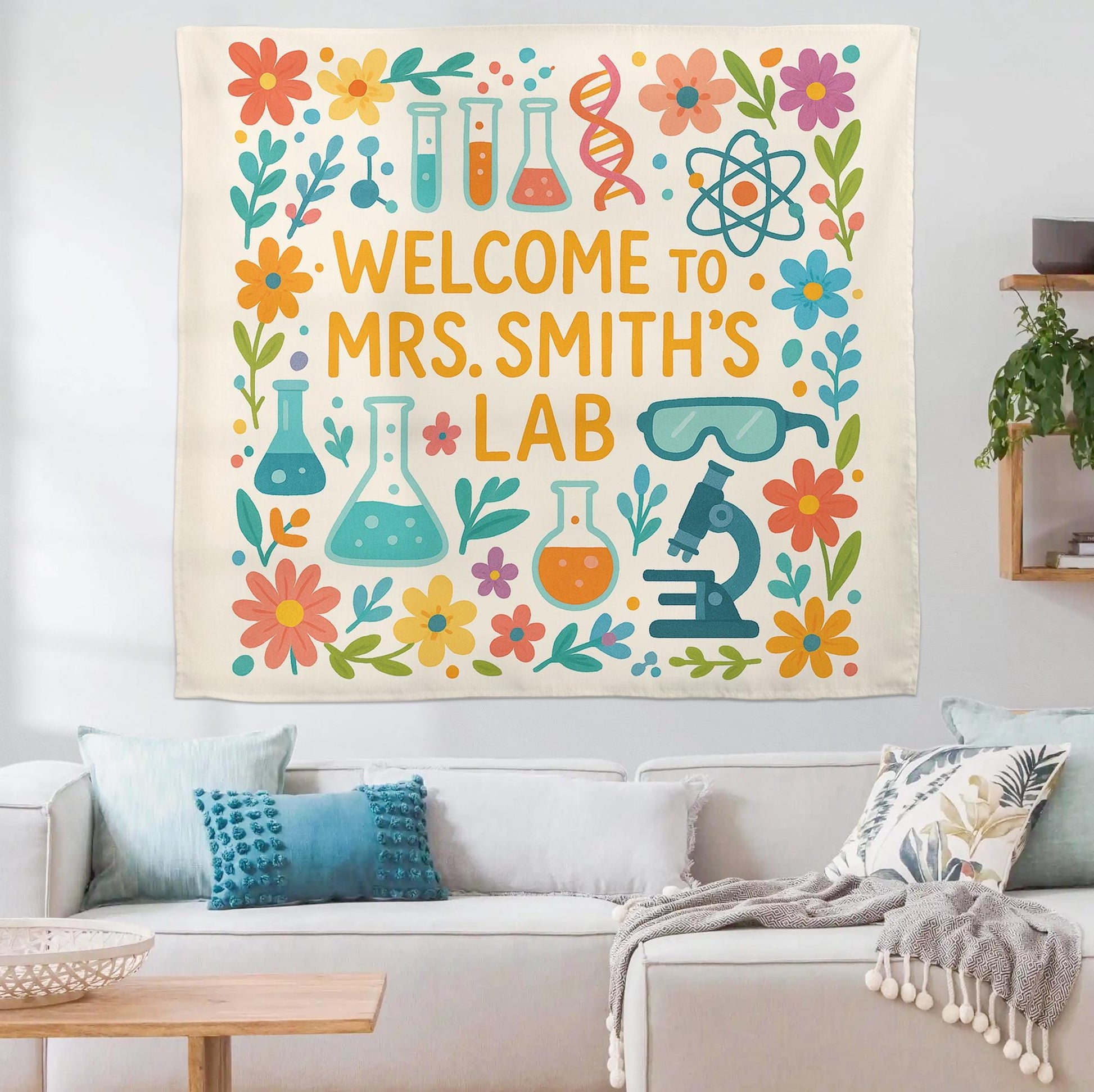 Personalized Science Lab Tapestry, Classroom Wall Decor, Cute Teacher Banner, Chemistry Poster, Floral STEM Lab Decoration,Science Lab Decor