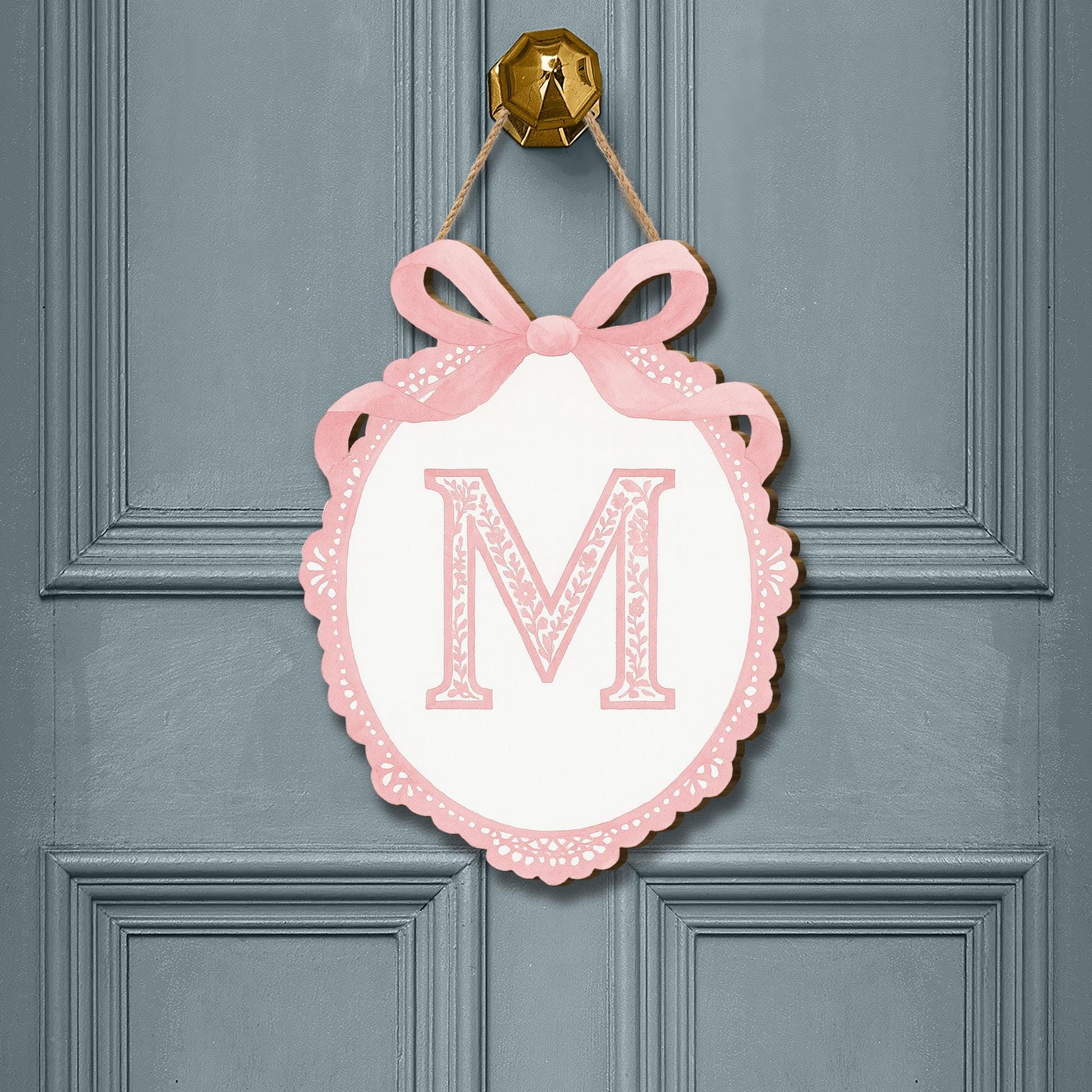 Custom Chinoiserie Monogram Door Sign | Pink Bow Letter Wall Plaque | Personalized Nursery or Dorm Decor | Preppy Girl Room Initial Hanger