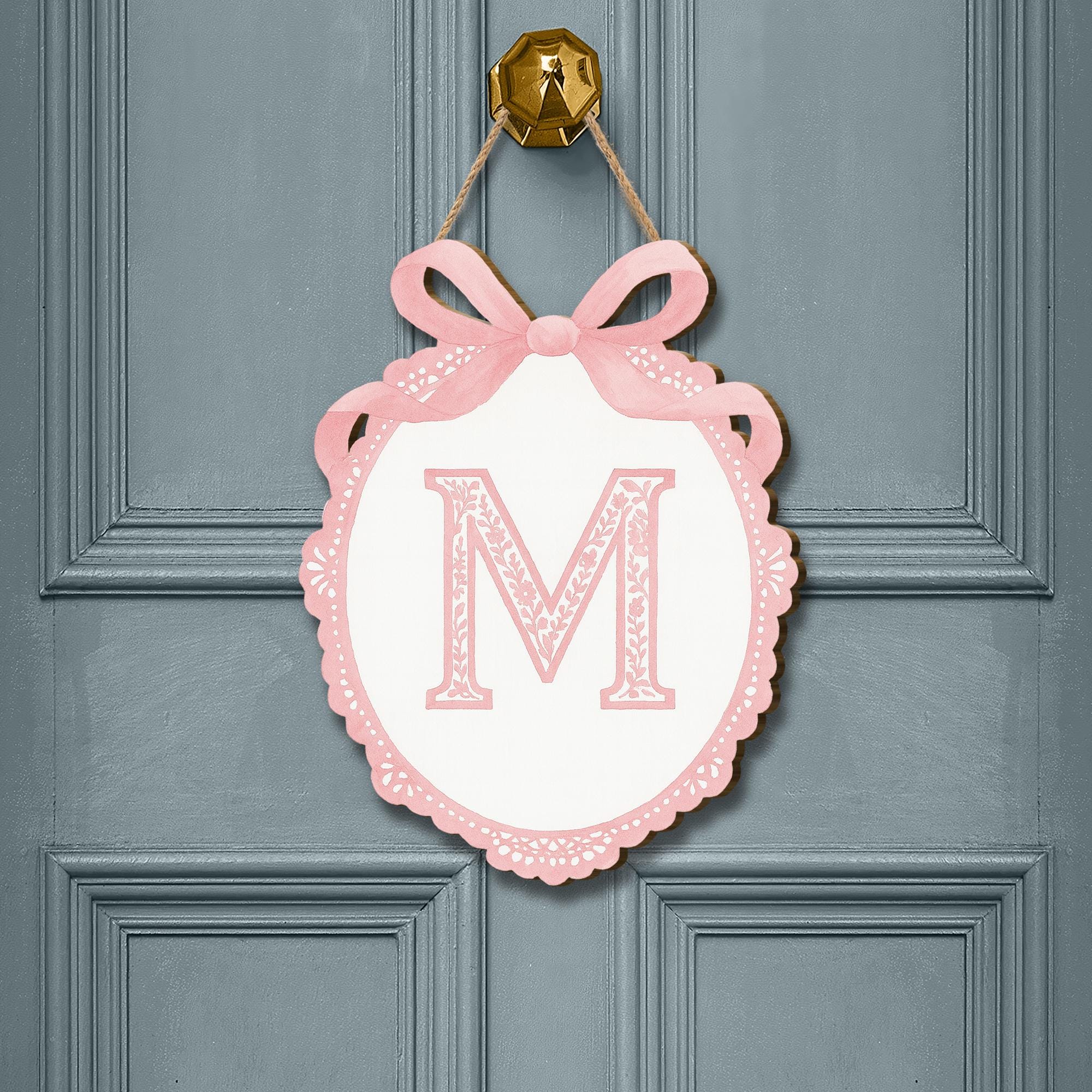 Custom Chinoiserie Monogram Door Sign | Pink Bow Letter Wall Plaque | Personalized Nursery or Dorm Decor | Preppy Girl Room Initial Hanger